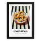 Onion Rings – on Striped Tablecloth, American Food Wall Art, in sleek black frame