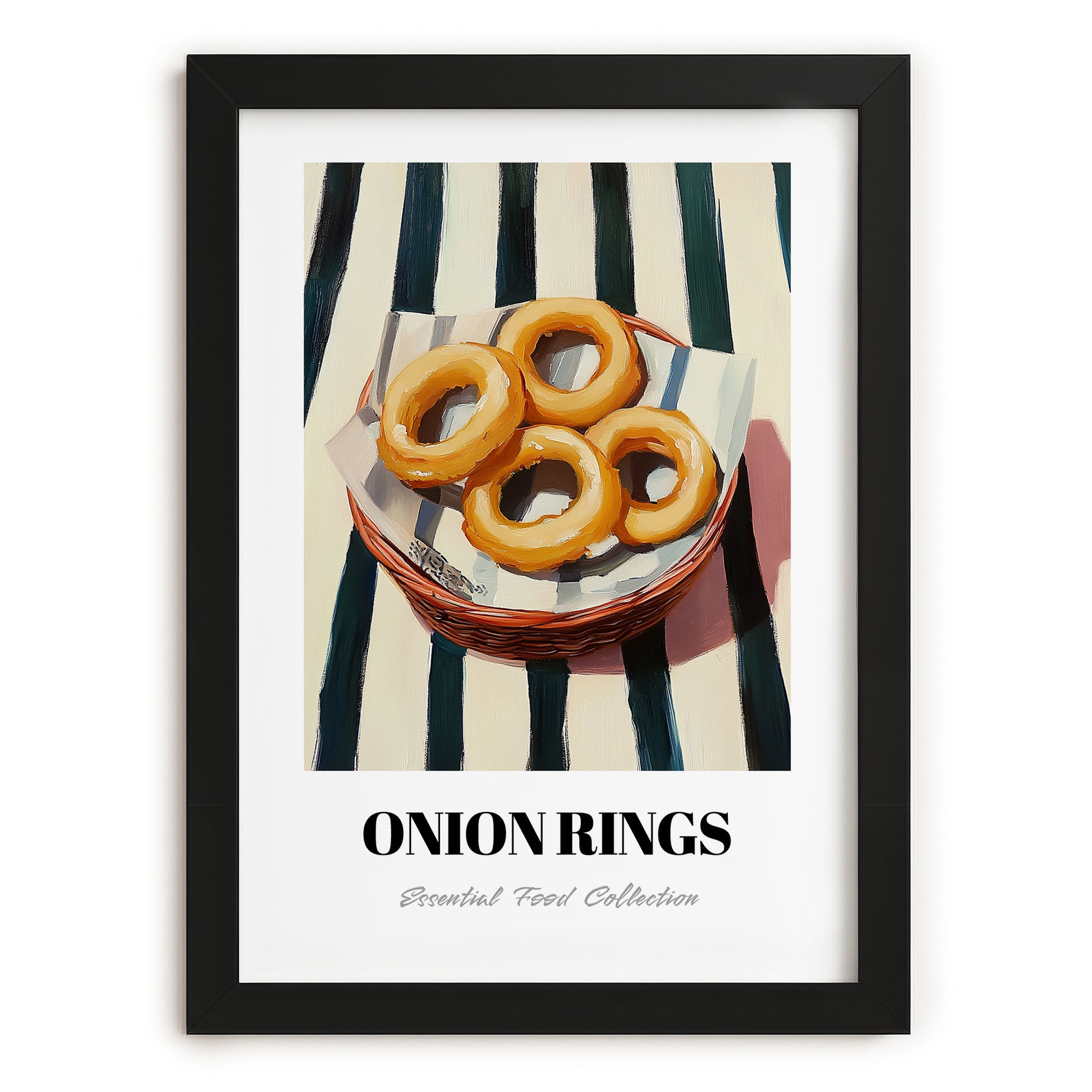 Onion Rings – on Striped Tablecloth, American Food Wall Art, in sleek black frame