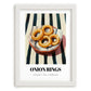 Onion Rings – on Striped Tablecloth, American Food Wall Art, placed in minimal white frame