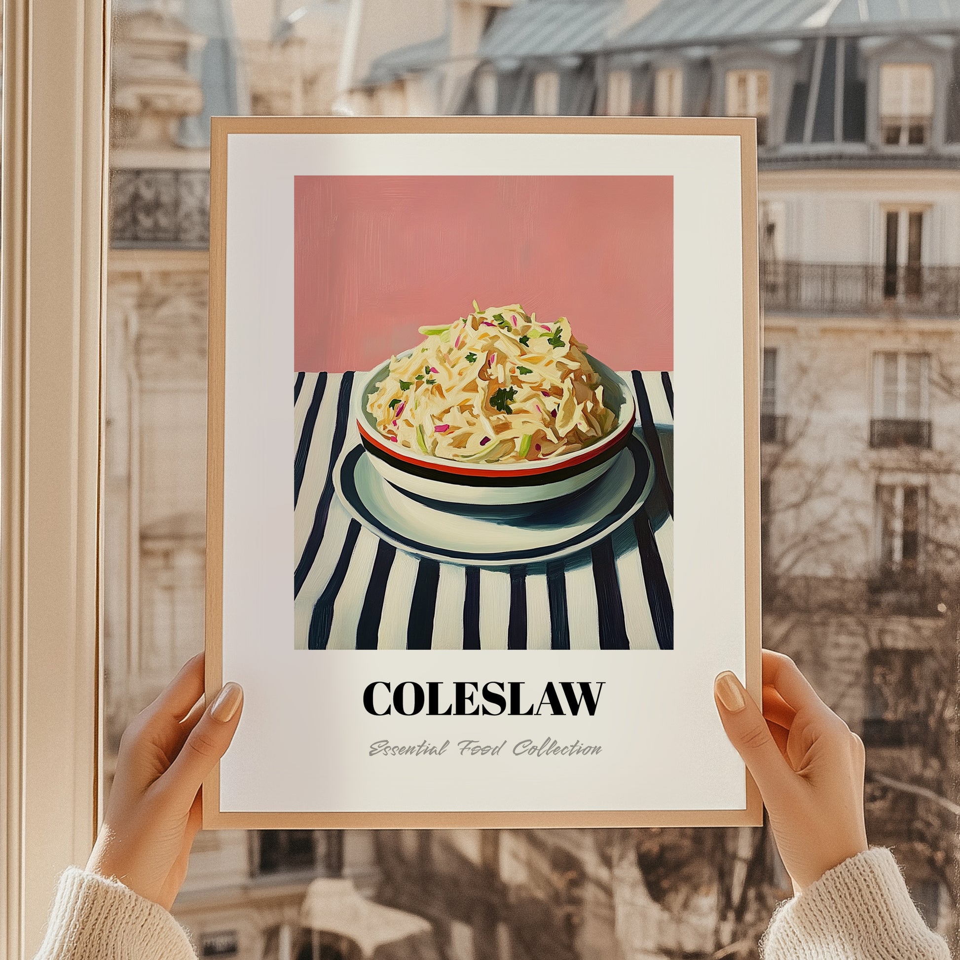 Coleslaw – on Striped Tablecloth, American Food Poster, styled in a charming Paris street view