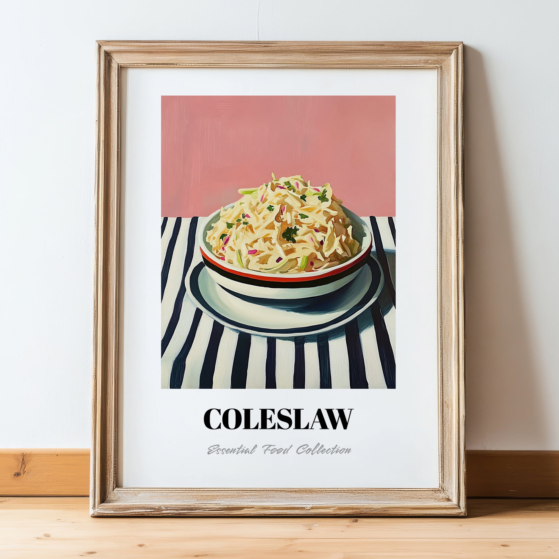 Coleslaw – on Striped Tablecloth, American Food Poster, in wooden frame leaning on the floor