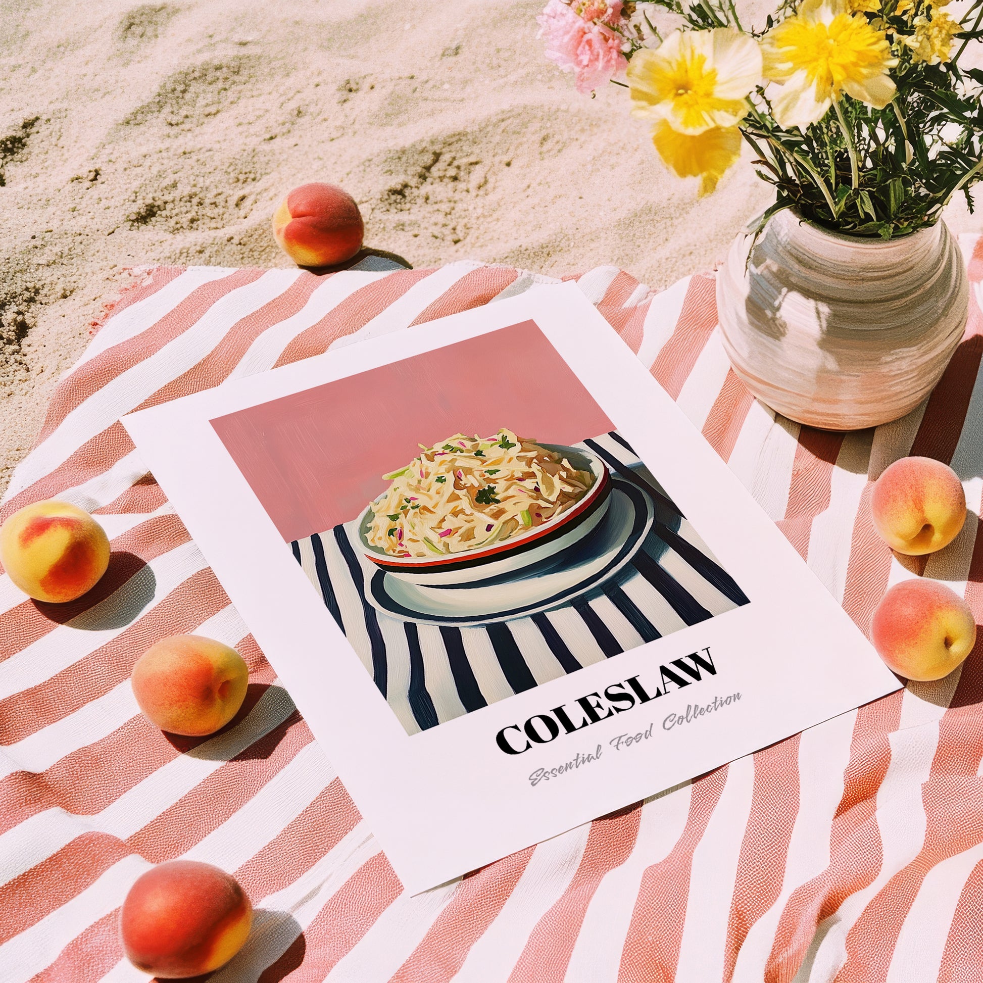 Coleslaw – on Striped Tablecloth, American Food Poster, unframed on coastal sand
