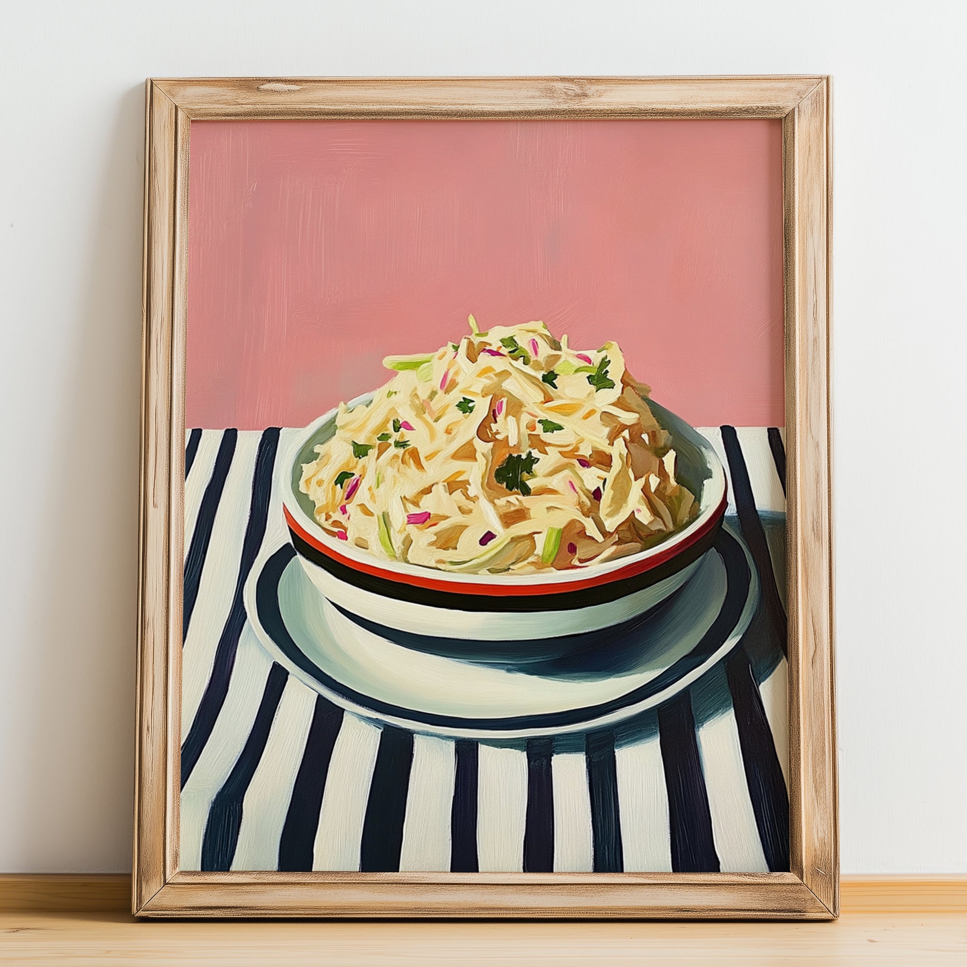 Coleslaw – on Striped Tablecloth, American Food Poster, no-text version framed in wood