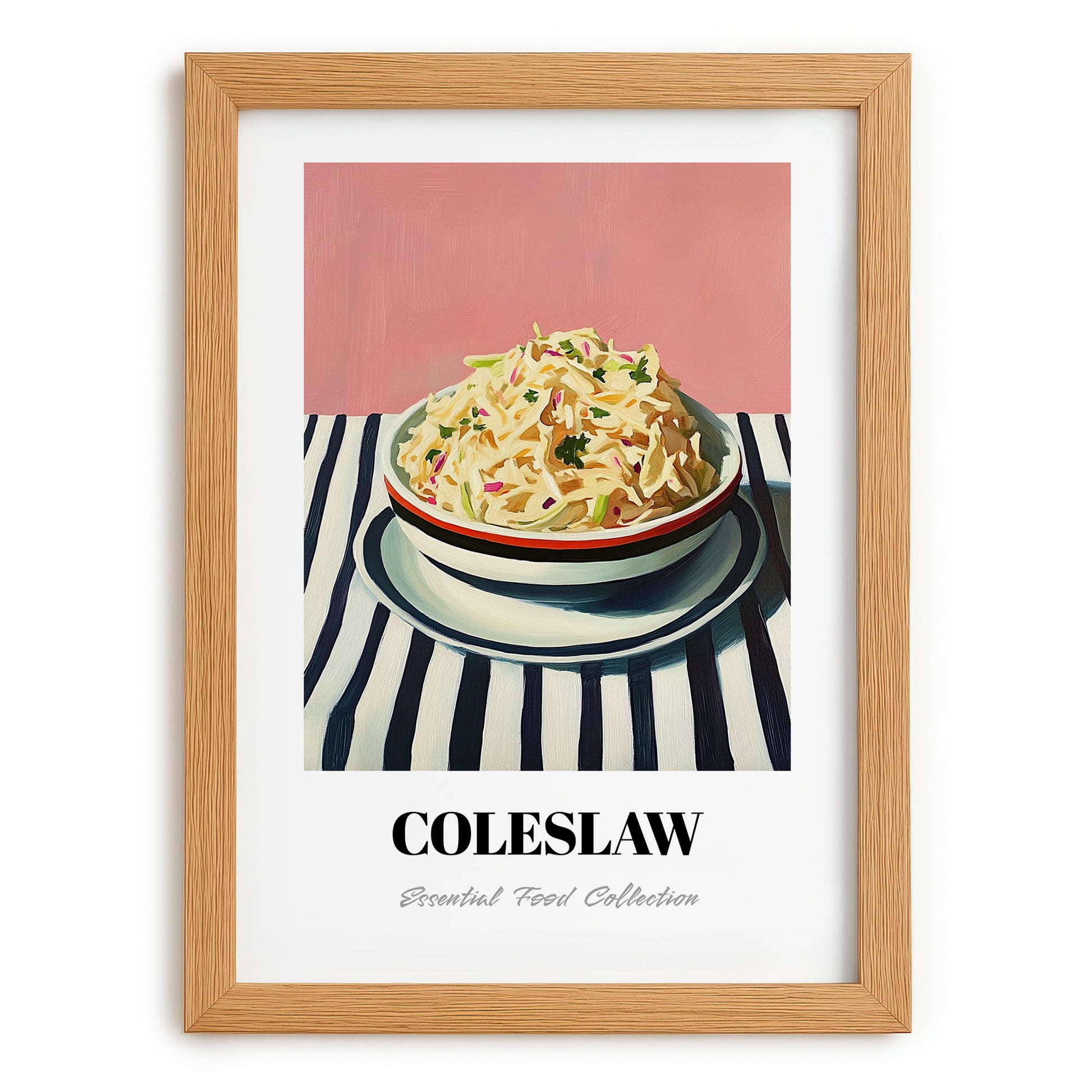Coleslaw – on Striped Tablecloth, American Food Poster, set in oak frame