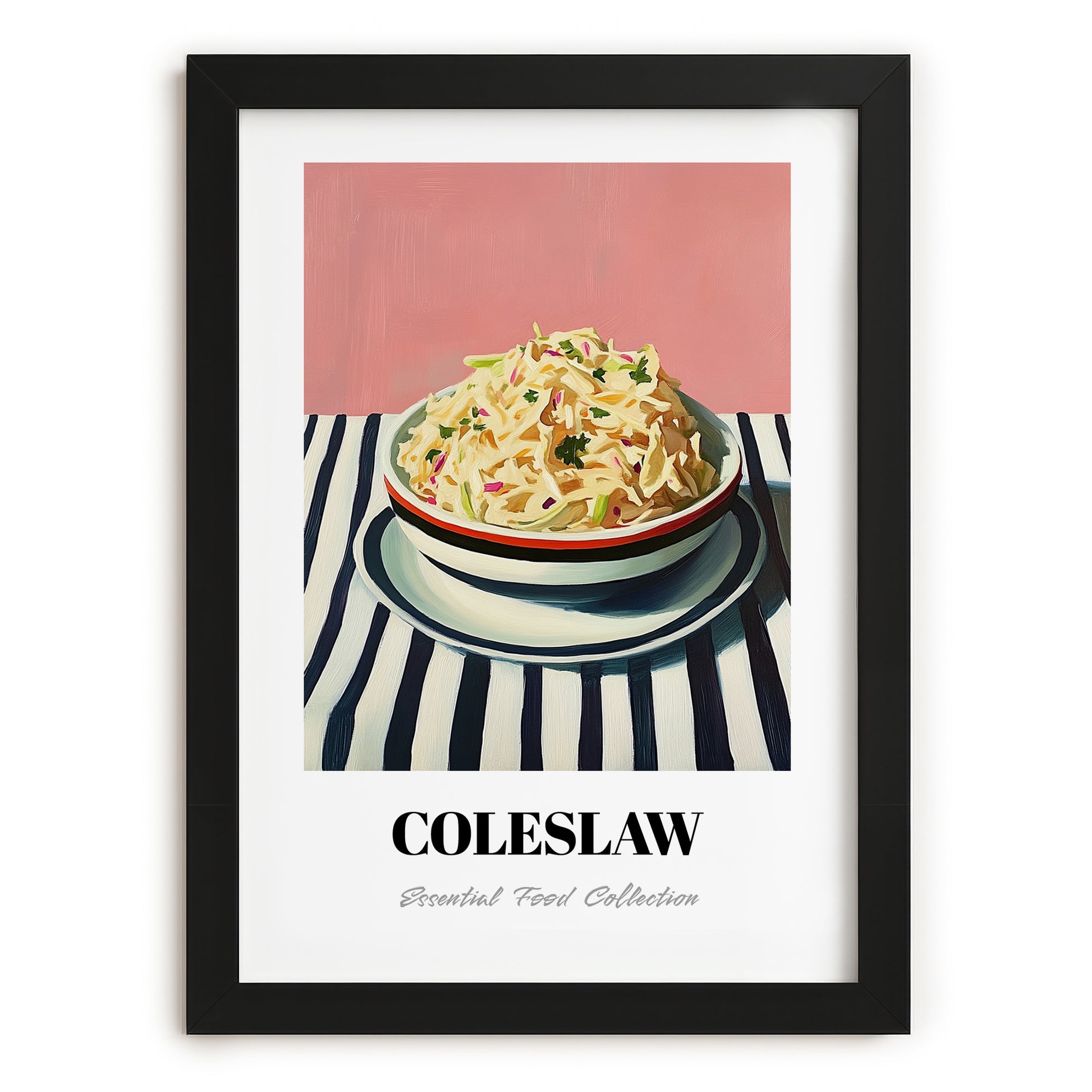 Coleslaw – on Striped Tablecloth, American Food Poster, in sleek black frame