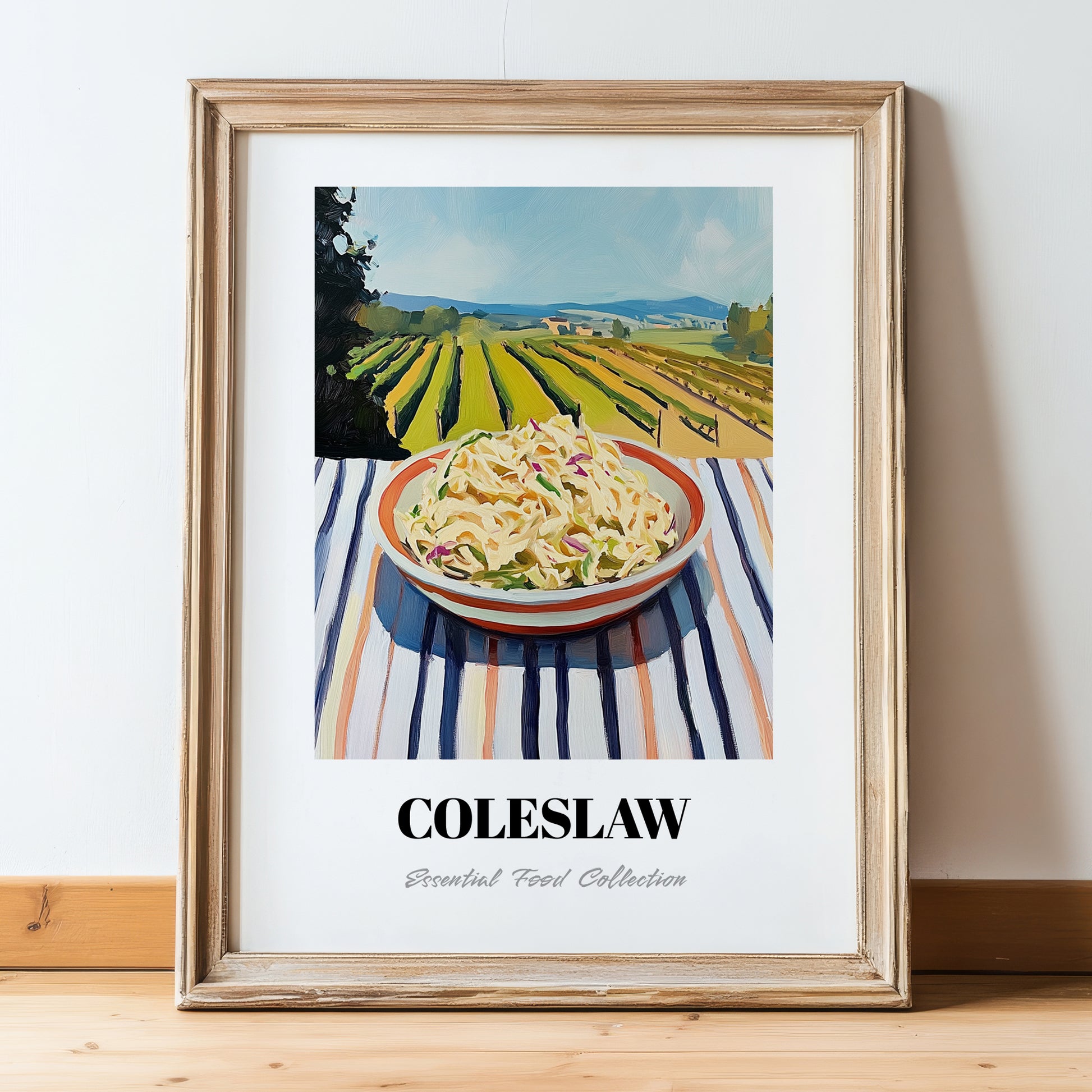 Coleslaw – Hillside Café View, American Food Wall Art, in wooden frame leaning on the floor