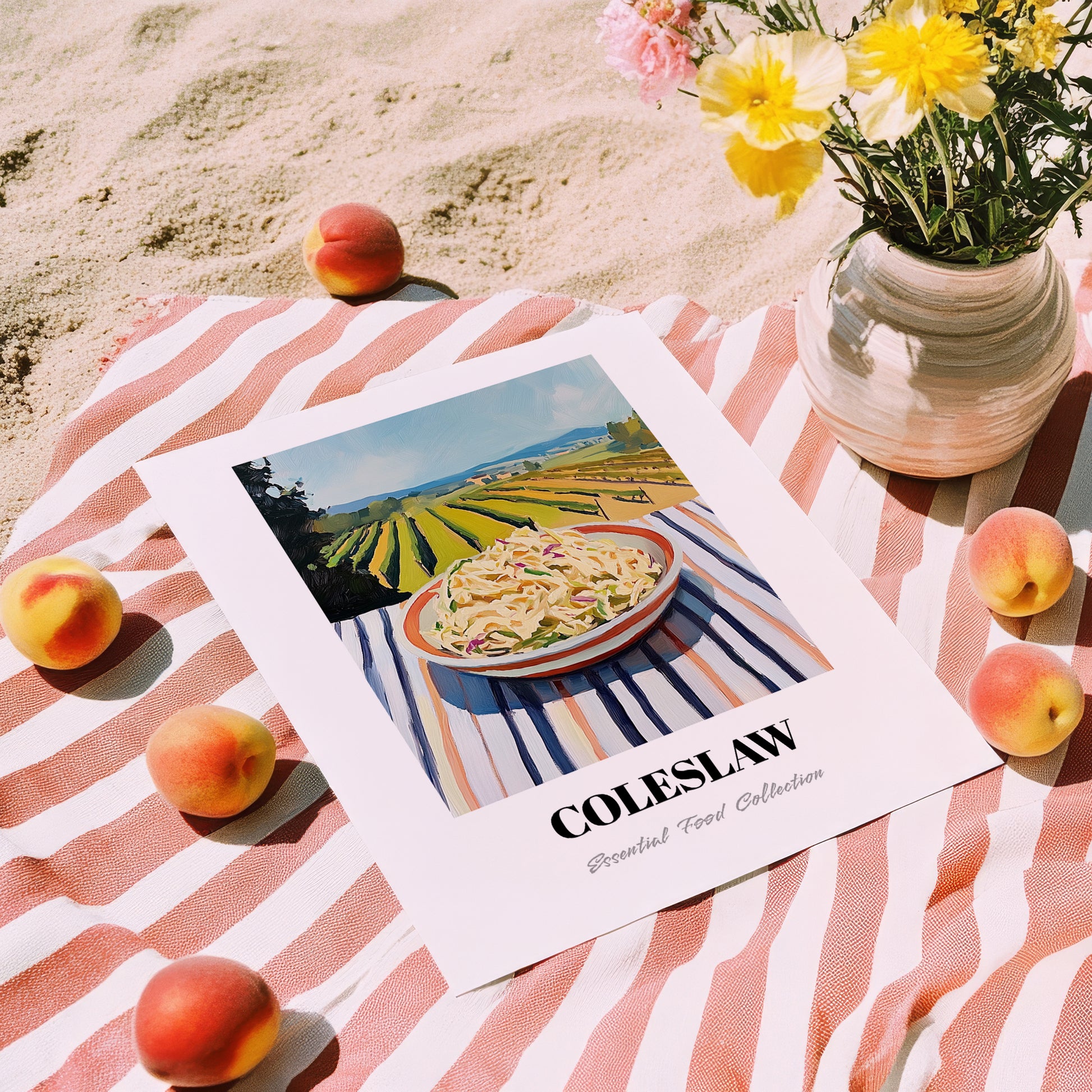 Coleslaw – Hillside Café View, American Food Wall Art, unframed on coastal sand