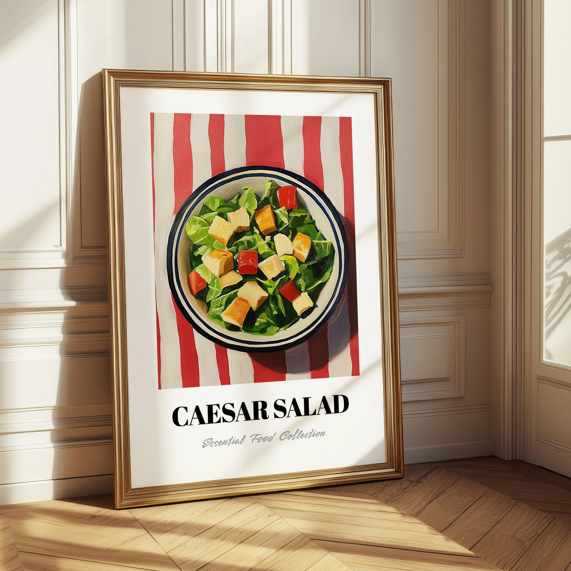 Caesar Salad – on Striped Tablecloth, American Food Wall Decor