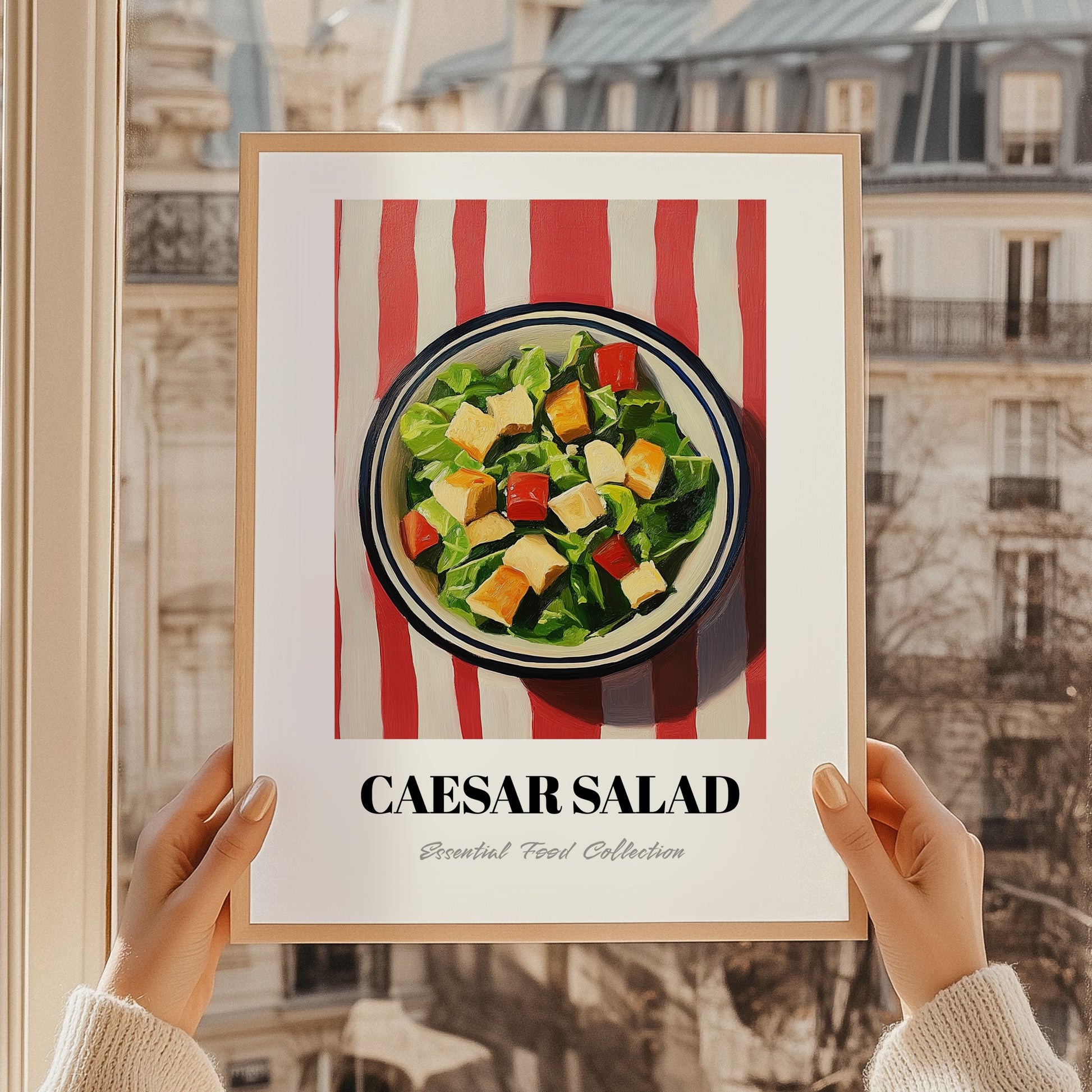 Caesar Salad – on Striped Tablecloth, American Food Wall Decor, styled in a charming Paris street view