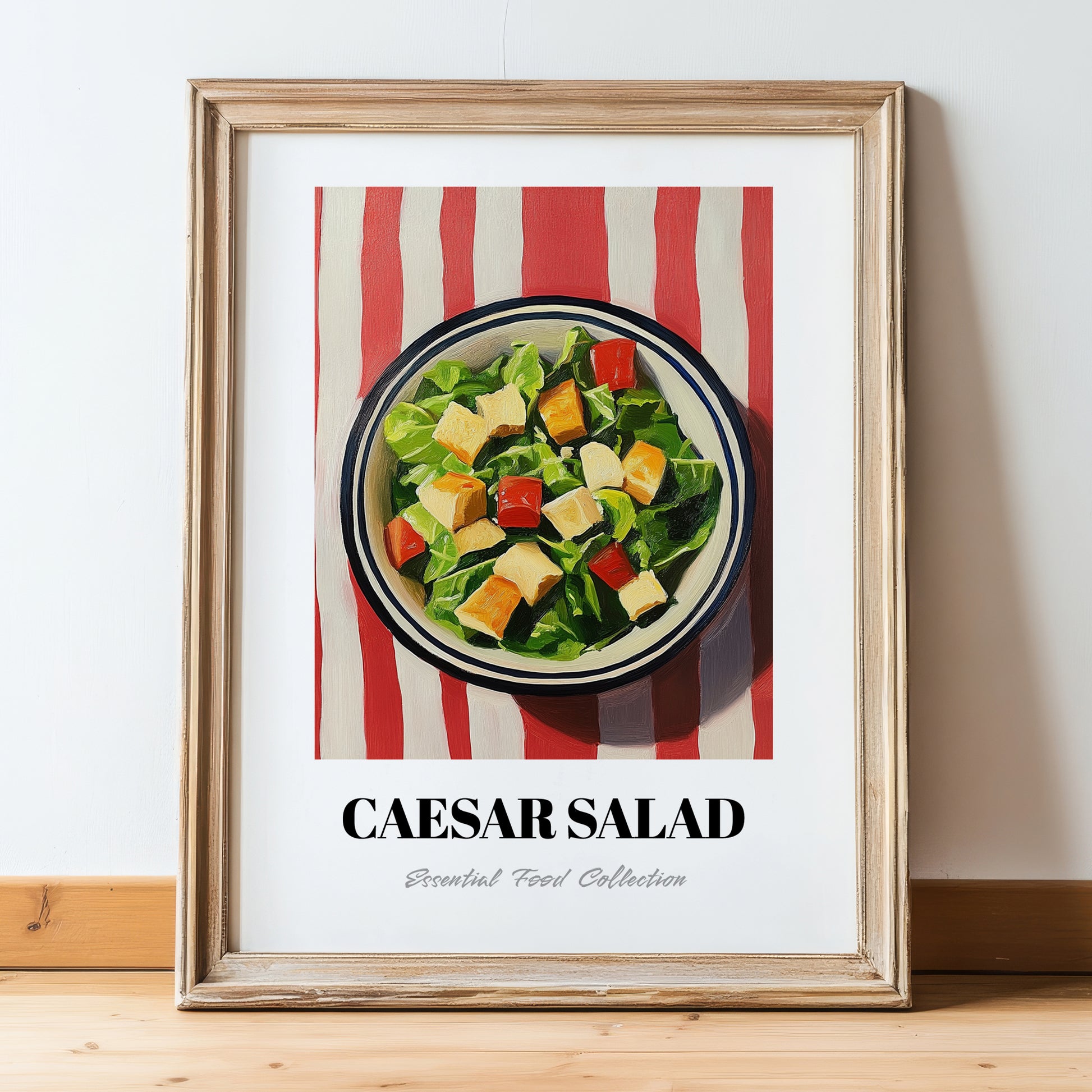 Caesar Salad – on Striped Tablecloth, American Food Wall Decor, in wooden frame leaning on the floor