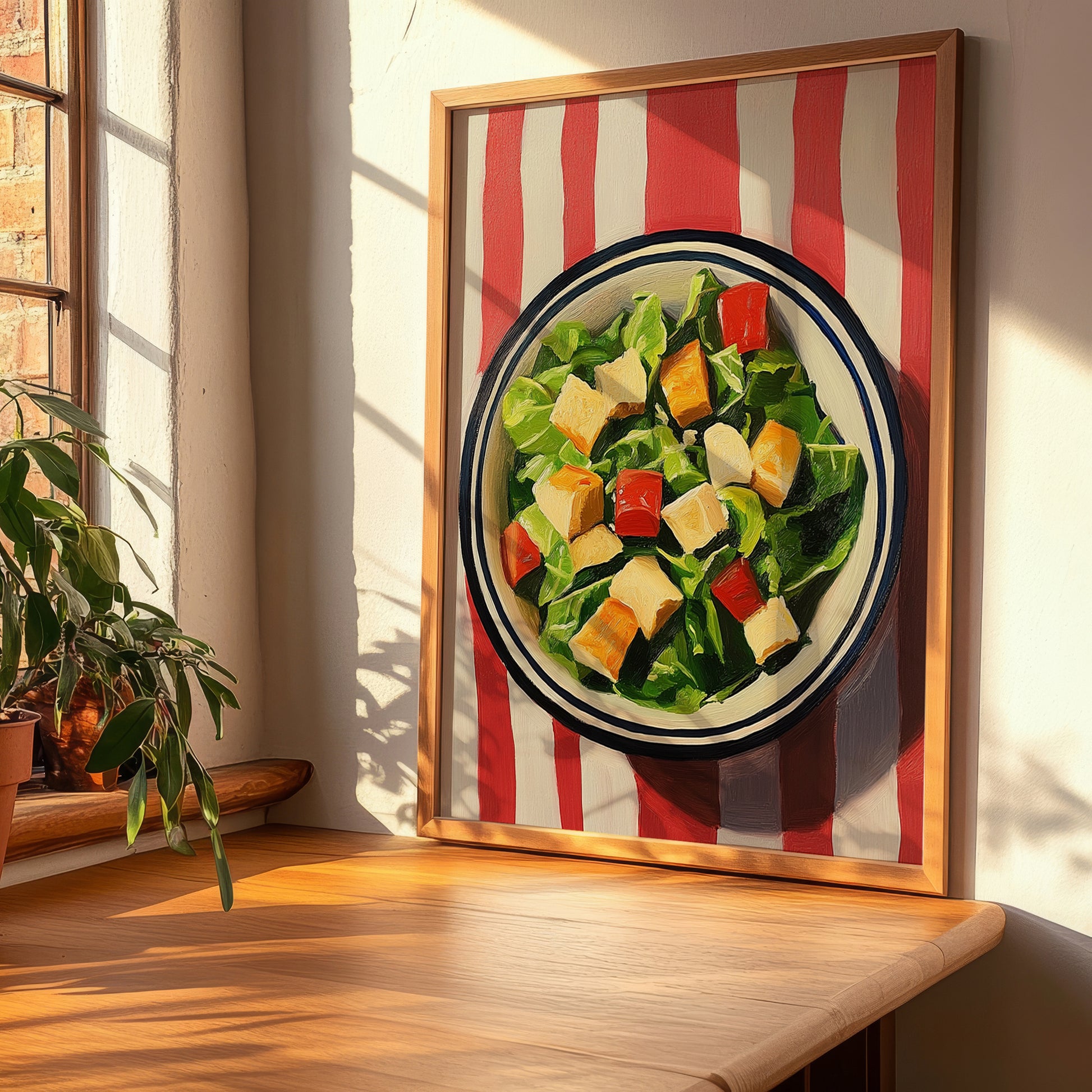 Caesar Salad – on Striped Tablecloth, American Food Wall Decor, clean layout with no caption