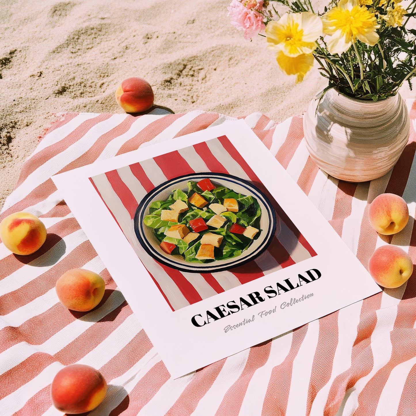 Caesar Salad – on Striped Tablecloth, American Food Wall Decor, unframed on coastal sand