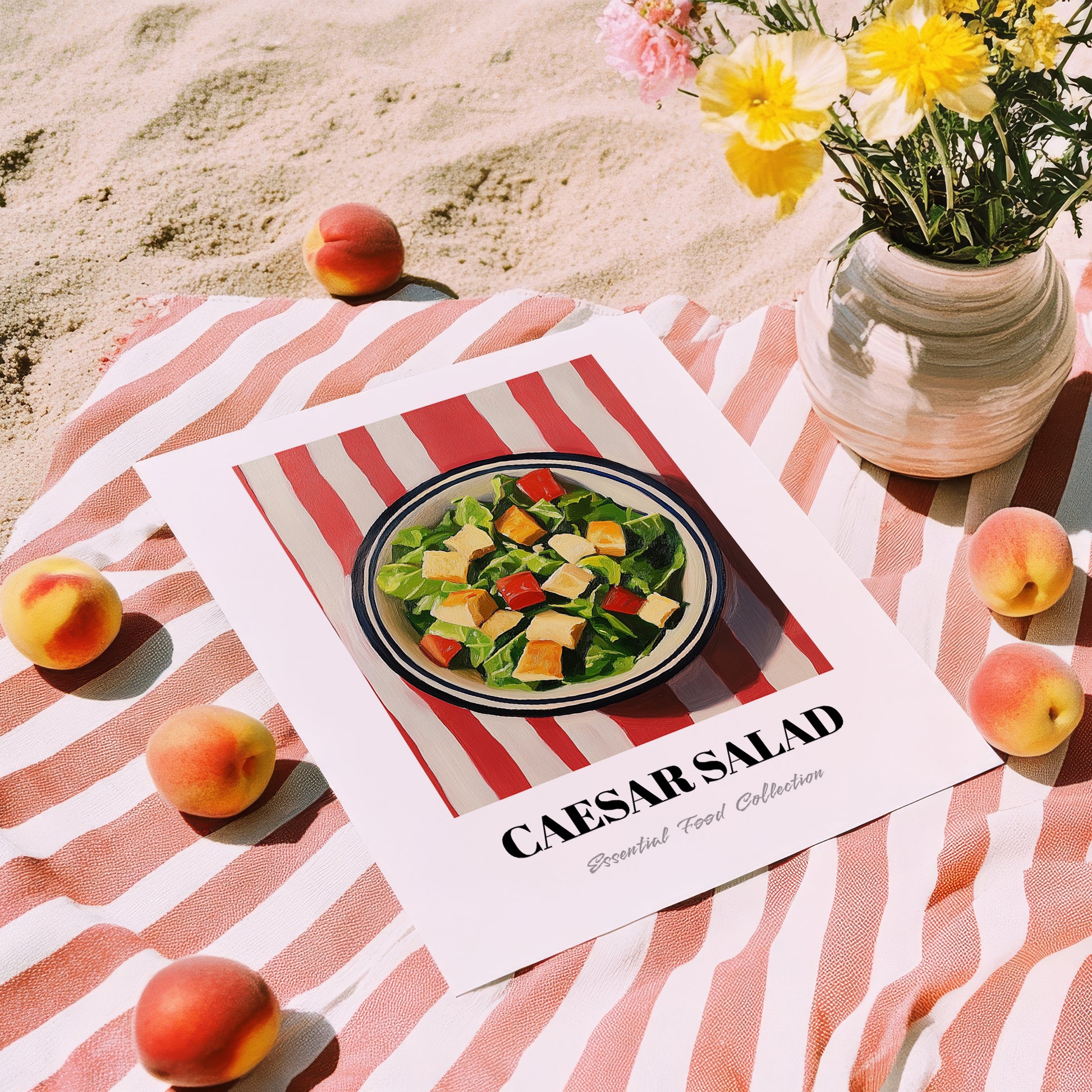 Caesar Salad – on Striped Tablecloth, American Food Wall Decor, unframed on coastal sand