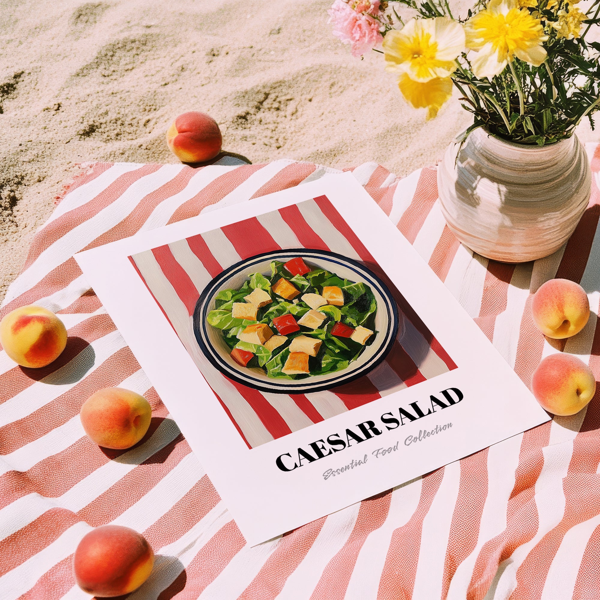 Caesar Salad – on Striped Tablecloth, American Food Wall Decor, unframed on coastal sand