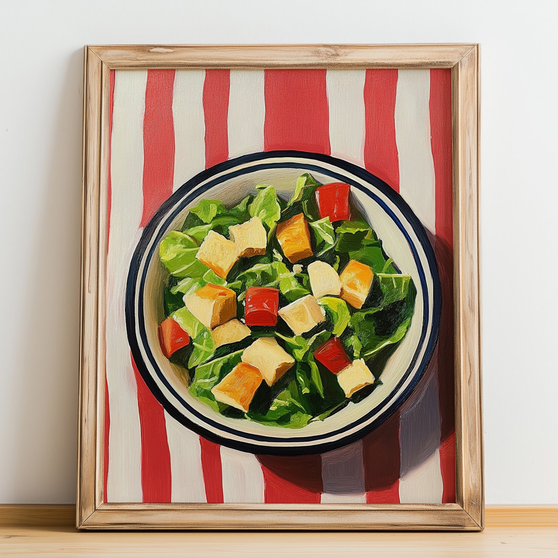 Caesar Salad – on Striped Tablecloth, American Food Wall Decor, no-text version framed in wood