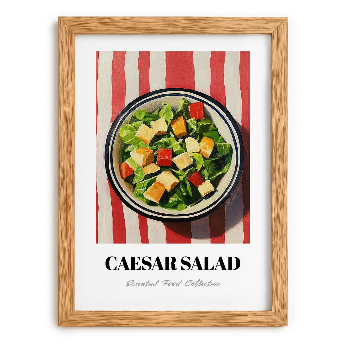 Caesar Salad – on Striped Tablecloth, American Food Wall Decor, set in oak frame