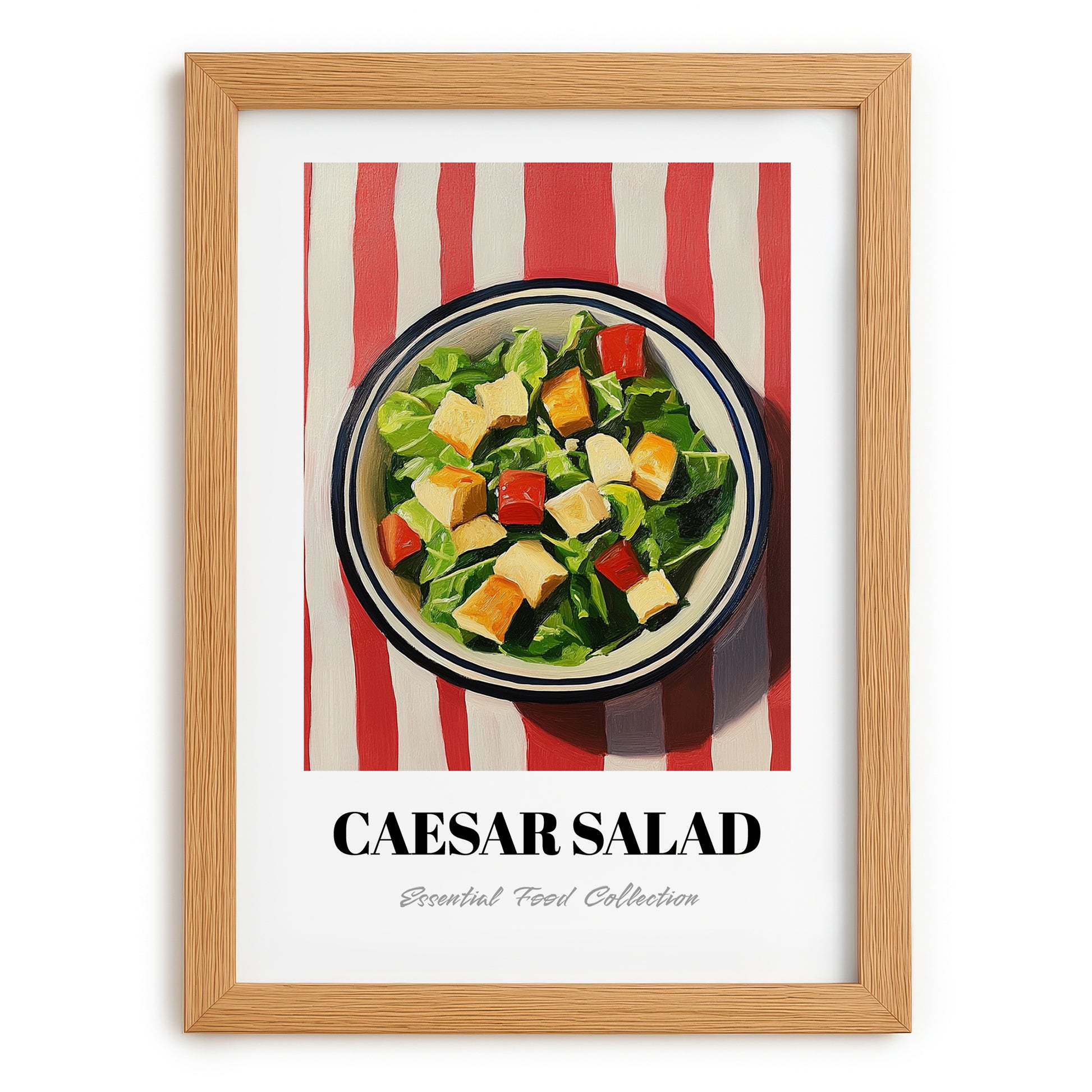 Caesar Salad – on Striped Tablecloth, American Food Wall Decor, set in oak frame