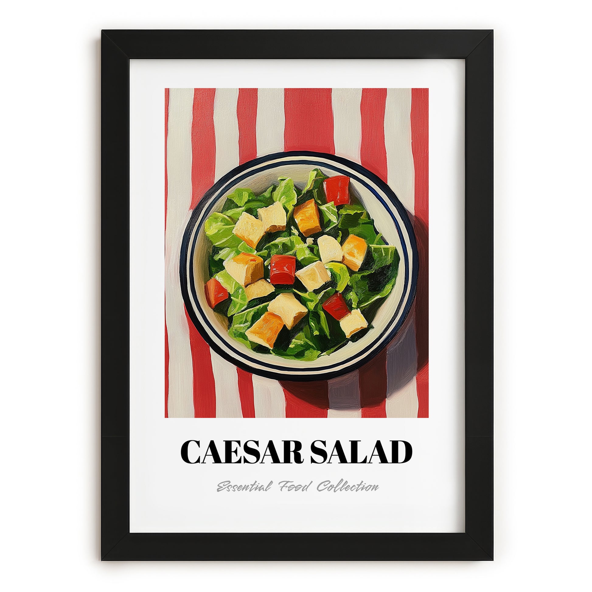 Caesar Salad – on Striped Tablecloth, American Food Wall Decor, in sleek black frame