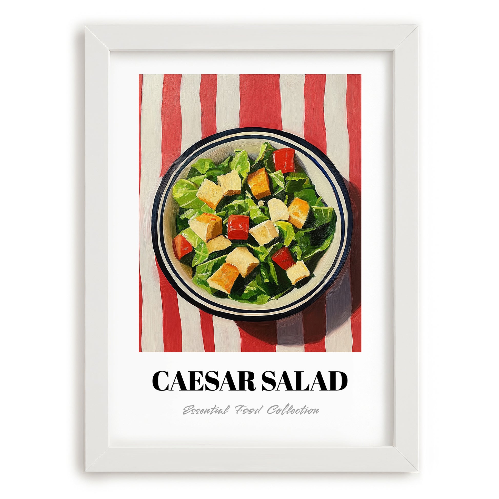 Caesar Salad – on Striped Tablecloth, American Food Wall Decor, placed in minimal white frame