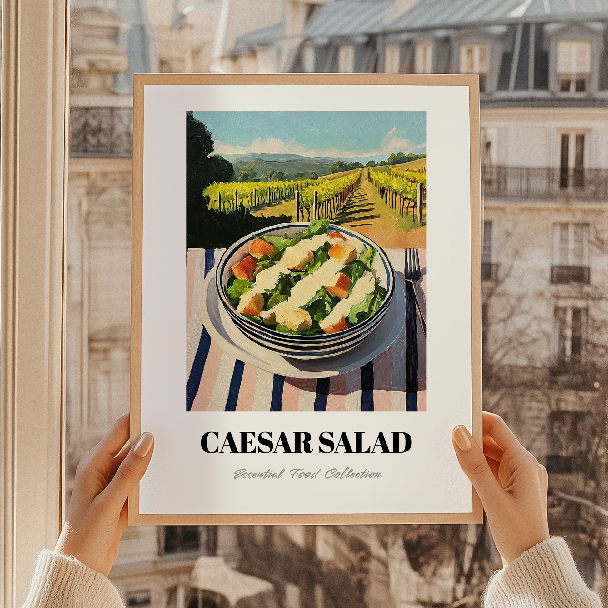 Caesar Salad – Hilltop Café Scene, American Food Art, styled in a charming Paris street view