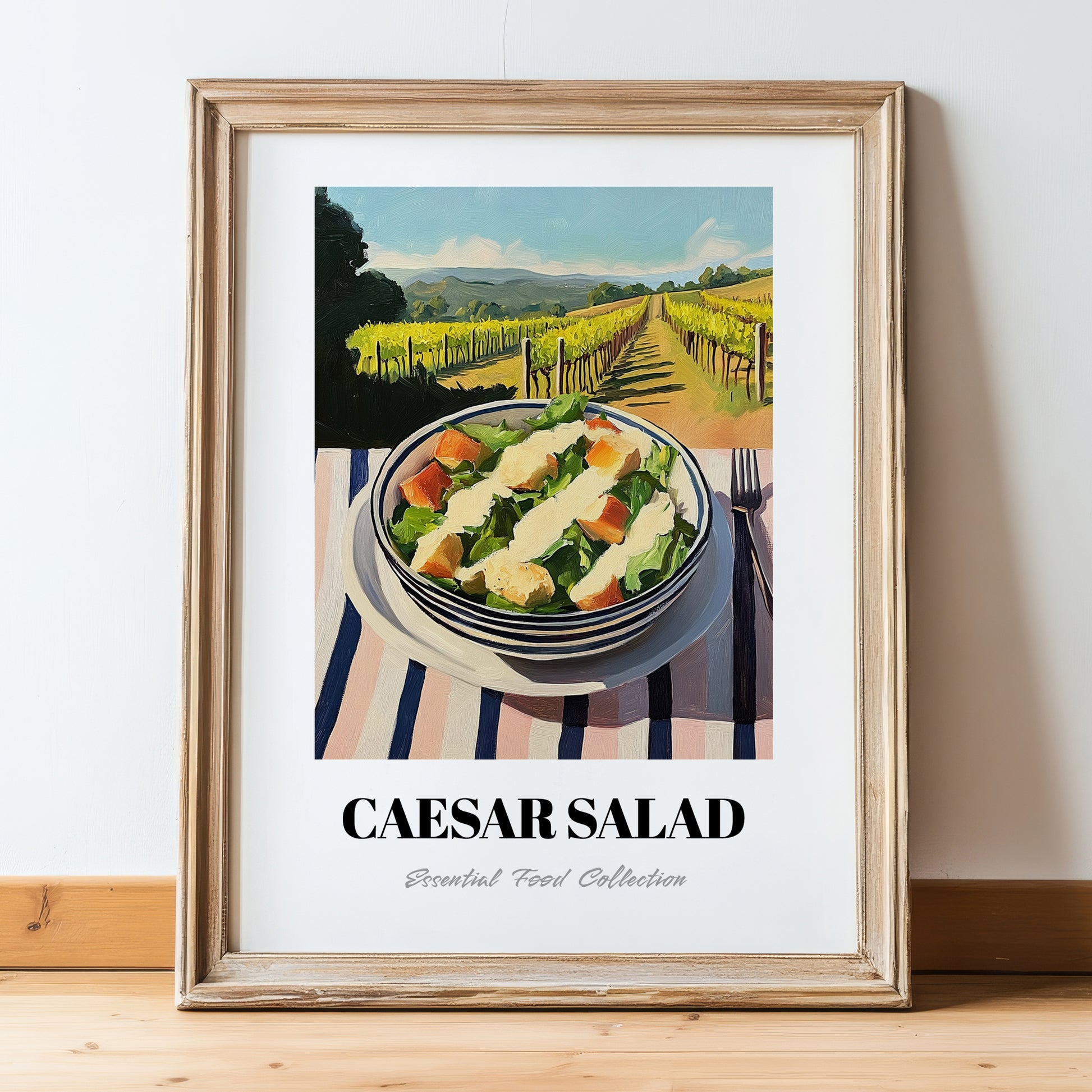 Caesar Salad – Hilltop Café Scene, American Food Art, in wooden frame leaning on the floor