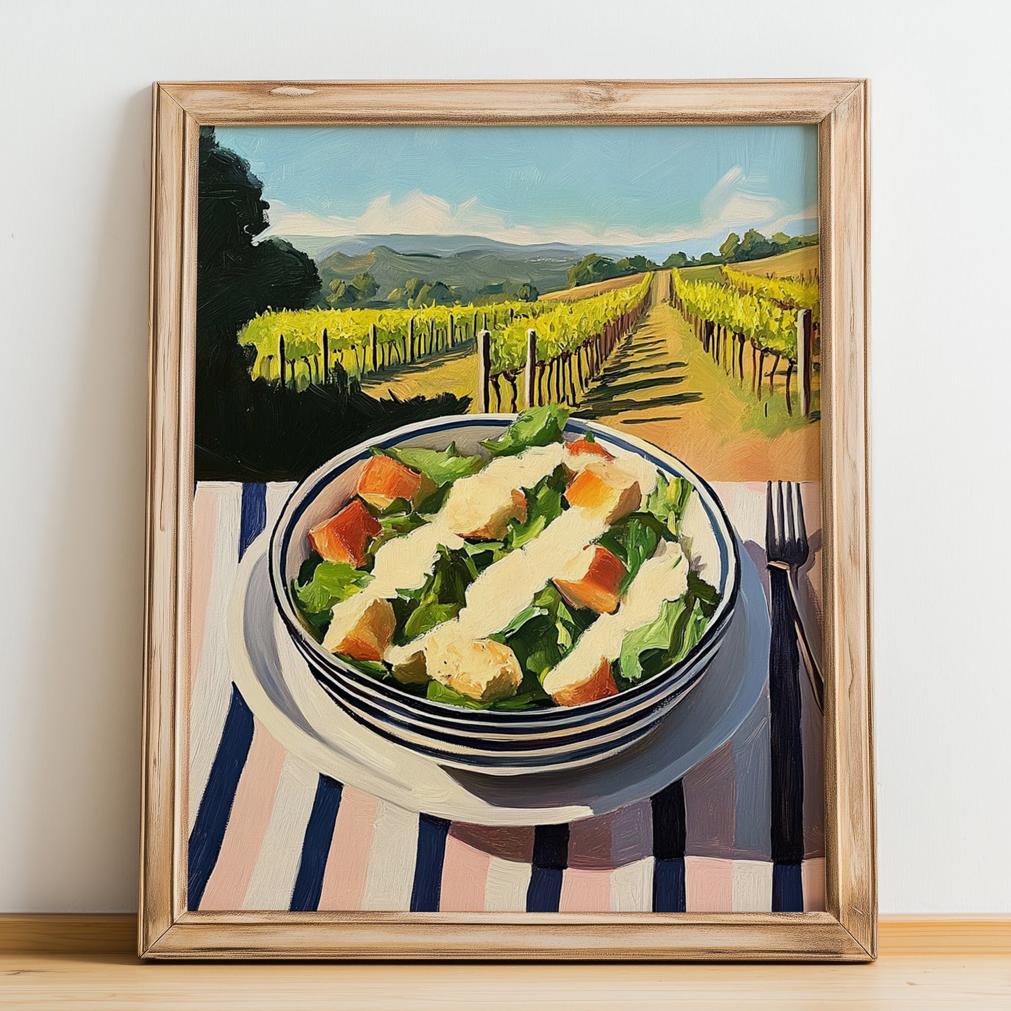 Caesar Salad – Hilltop Café Scene, American Food Art, no-text version framed in wood