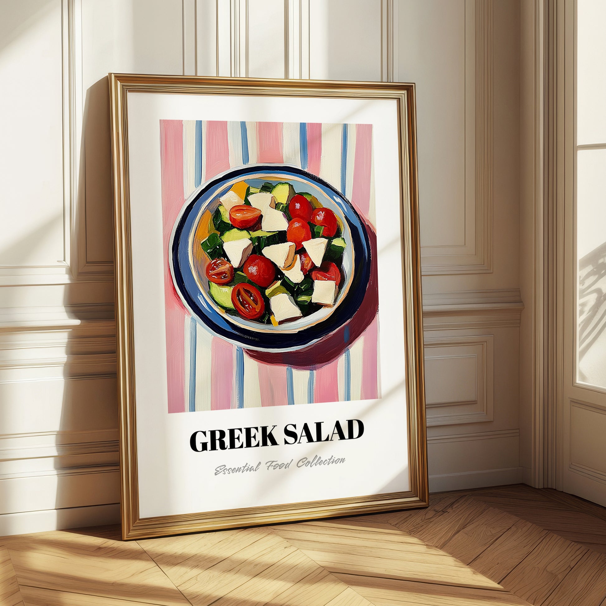 Greek Salad – on Striped Tablecloth, Greek Food Illustration
