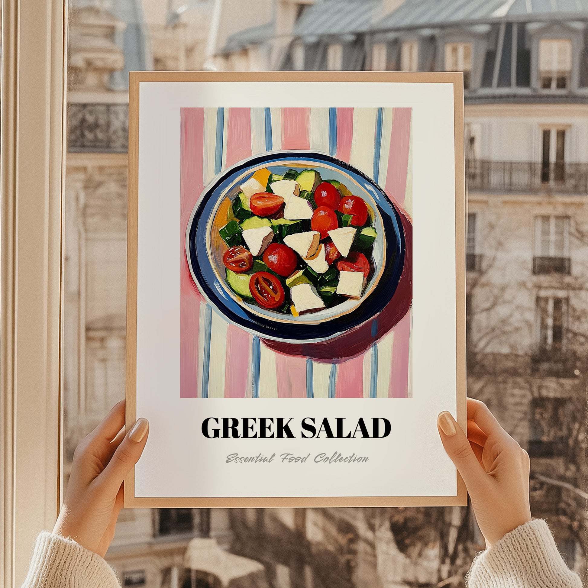 Greek Salad – on Striped Tablecloth, Greek Food Illustration, styled in a charming Paris street view