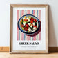Greek Salad – on Striped Tablecloth, Greek Food Illustration, in wooden frame leaning on the floor