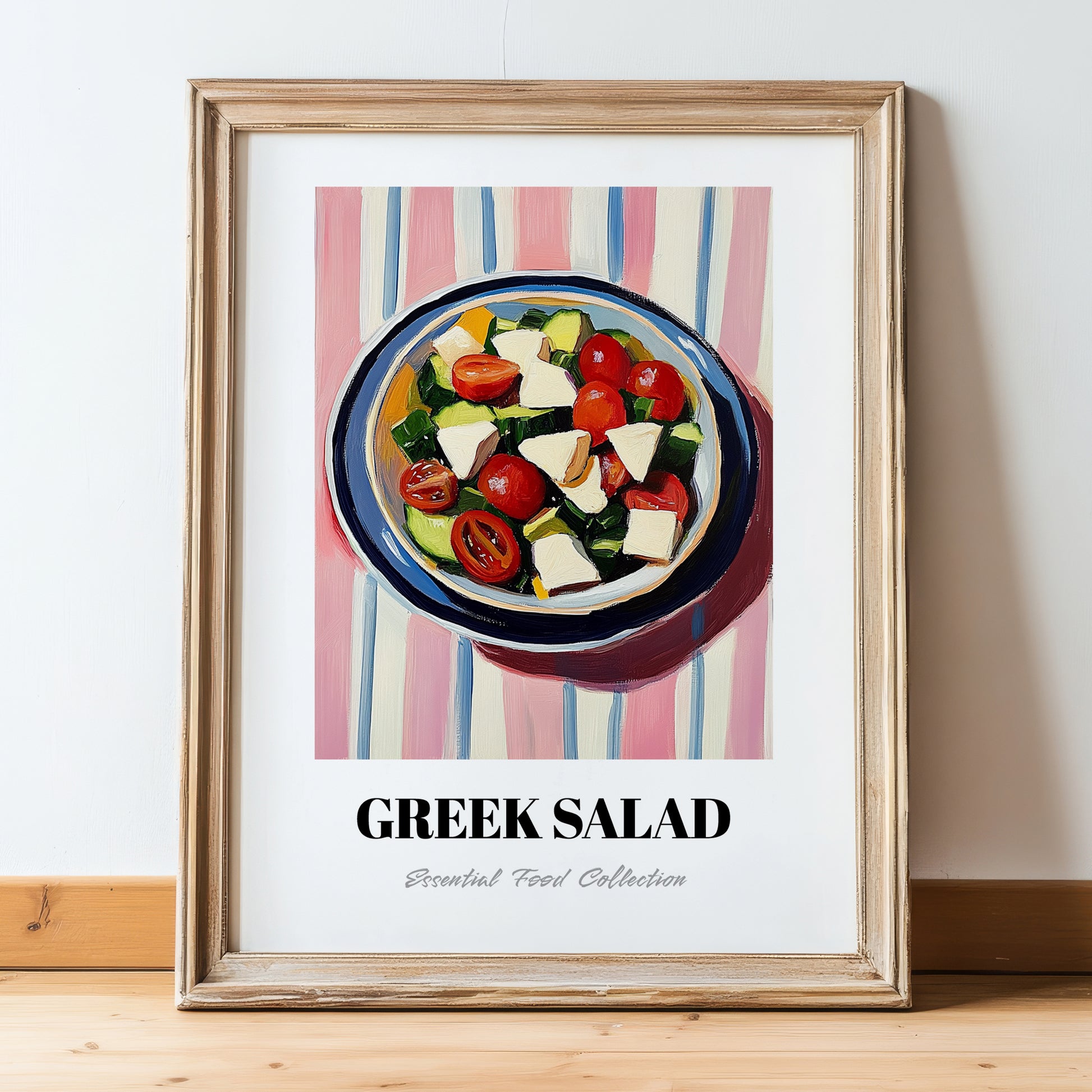 Greek Salad – on Striped Tablecloth, Greek Food Illustration, in wooden frame leaning on the floor