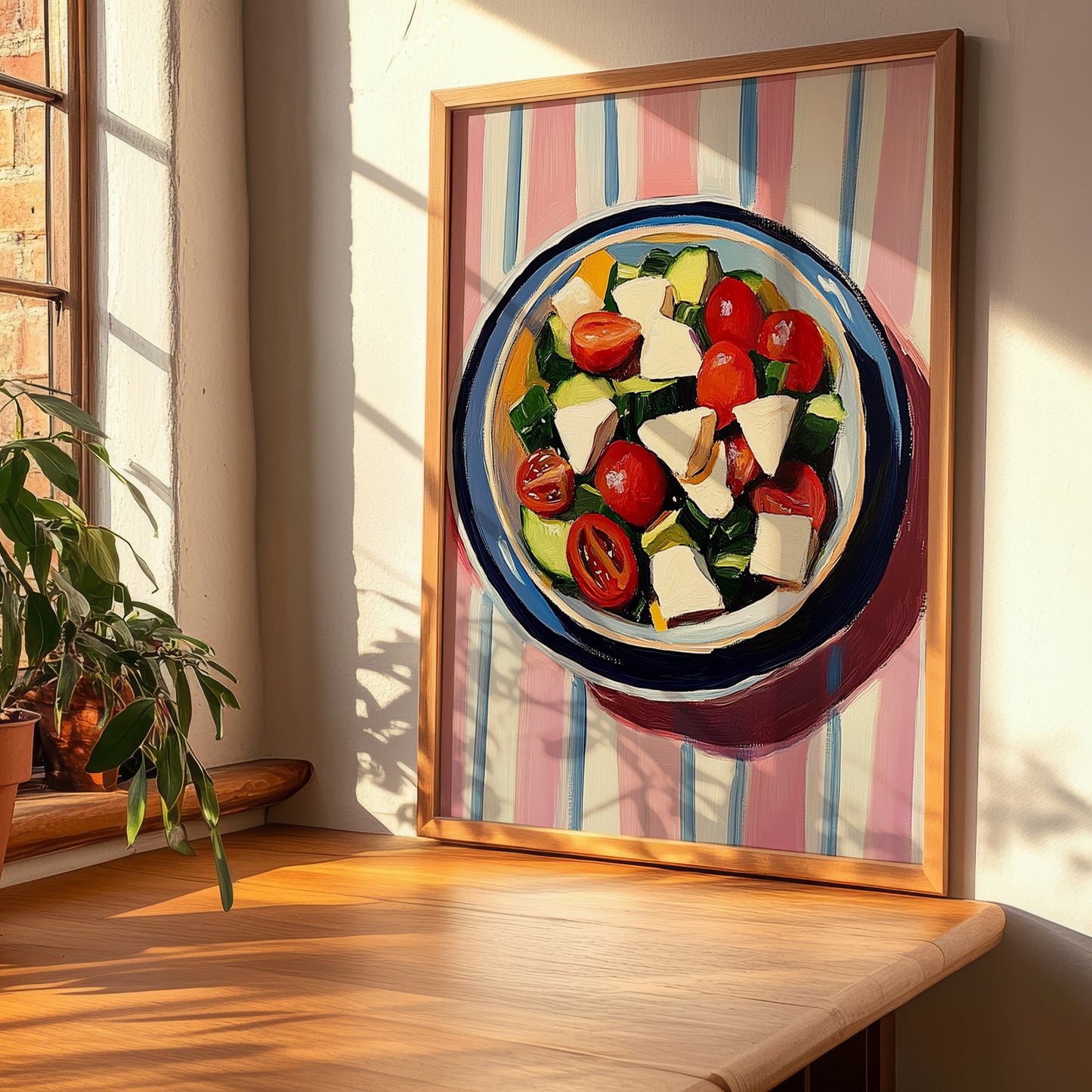 Greek Salad – on Striped Tablecloth, Greek Food Illustration, clean layout with no caption