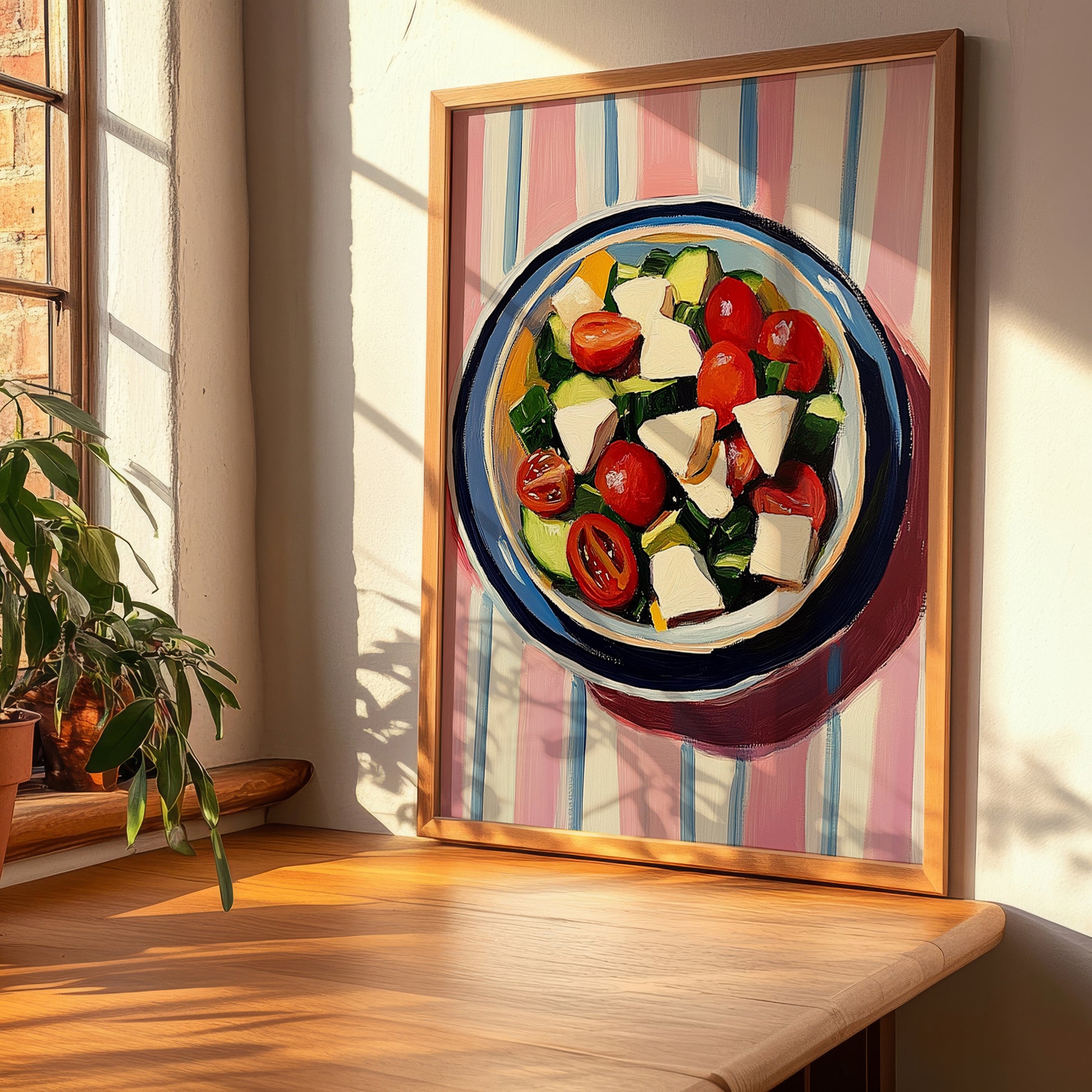 Greek Salad – on Striped Tablecloth, Greek Food Illustration, clean layout with no caption