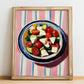 Greek Salad – on Striped Tablecloth, Greek Food Illustration, no-text version framed in wood