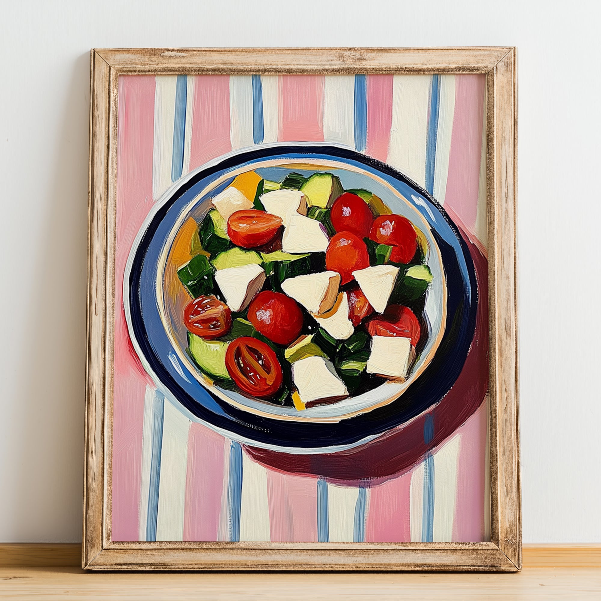 Greek Salad – on Striped Tablecloth, Greek Food Illustration, no-text version framed in wood