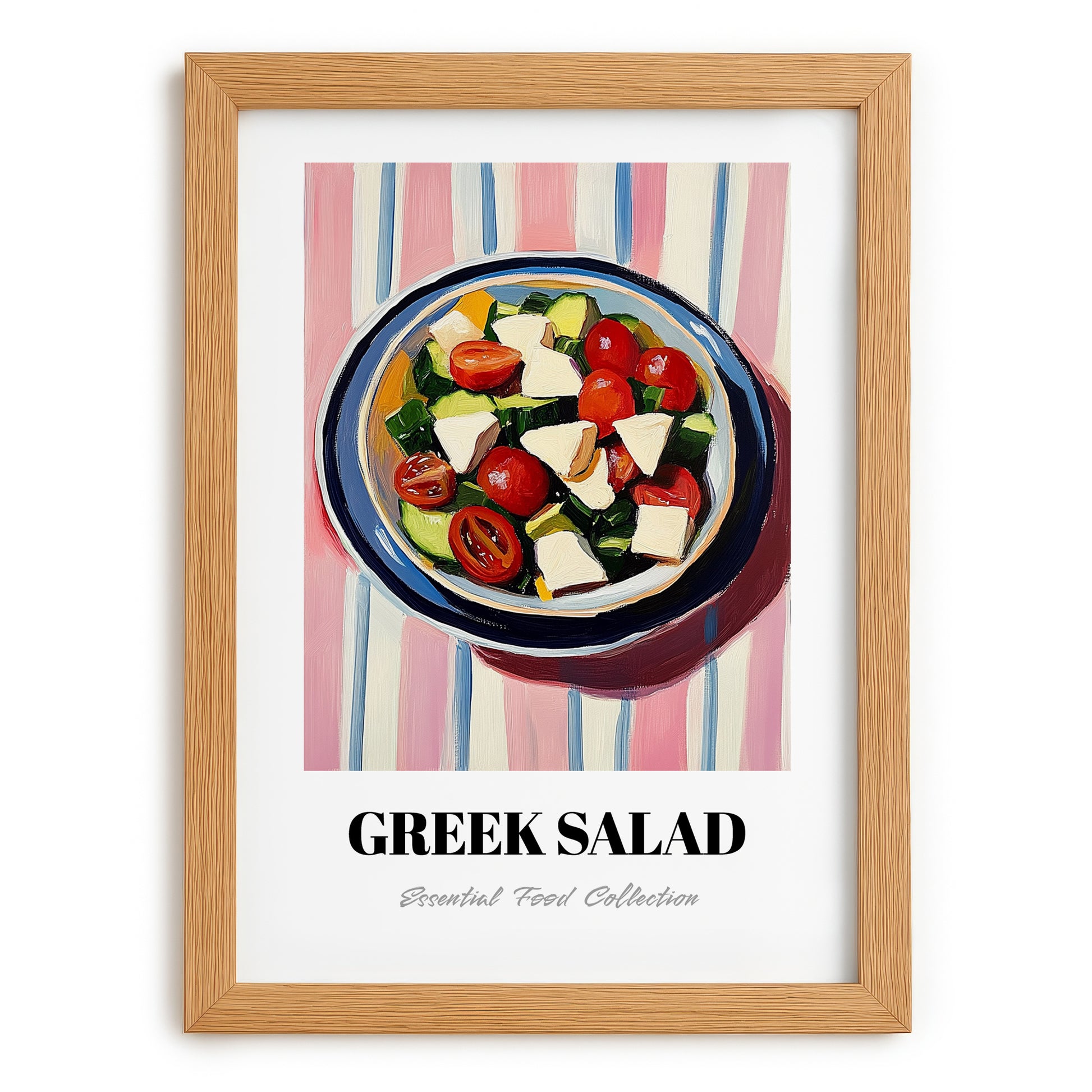 Greek Salad – on Striped Tablecloth, Greek Food Illustration, set in oak frame