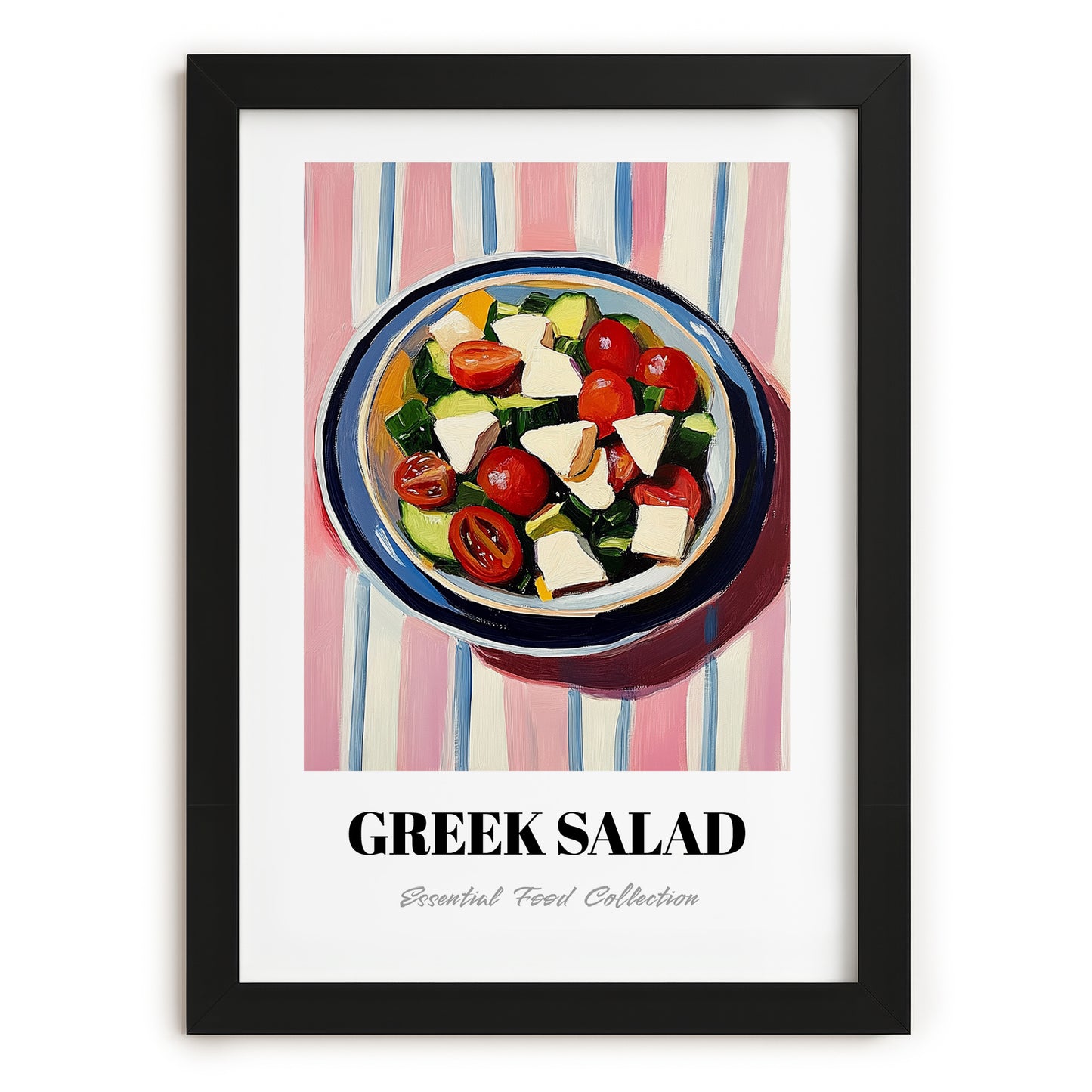 Greek Salad – on Striped Tablecloth, Greek Food Illustration, in sleek black frame