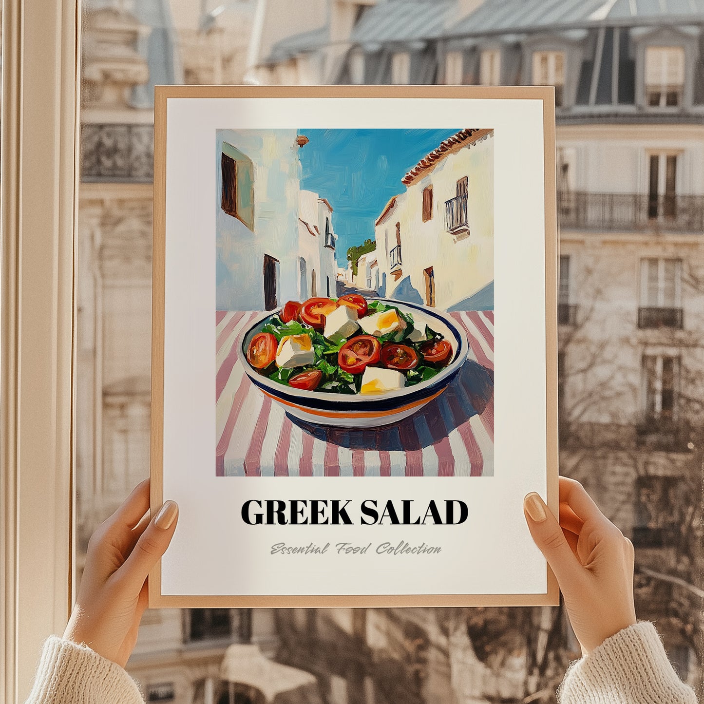 Greek Salad – White village Urban Café Scene, Greek Food Illustration, styled in a charming Paris street view