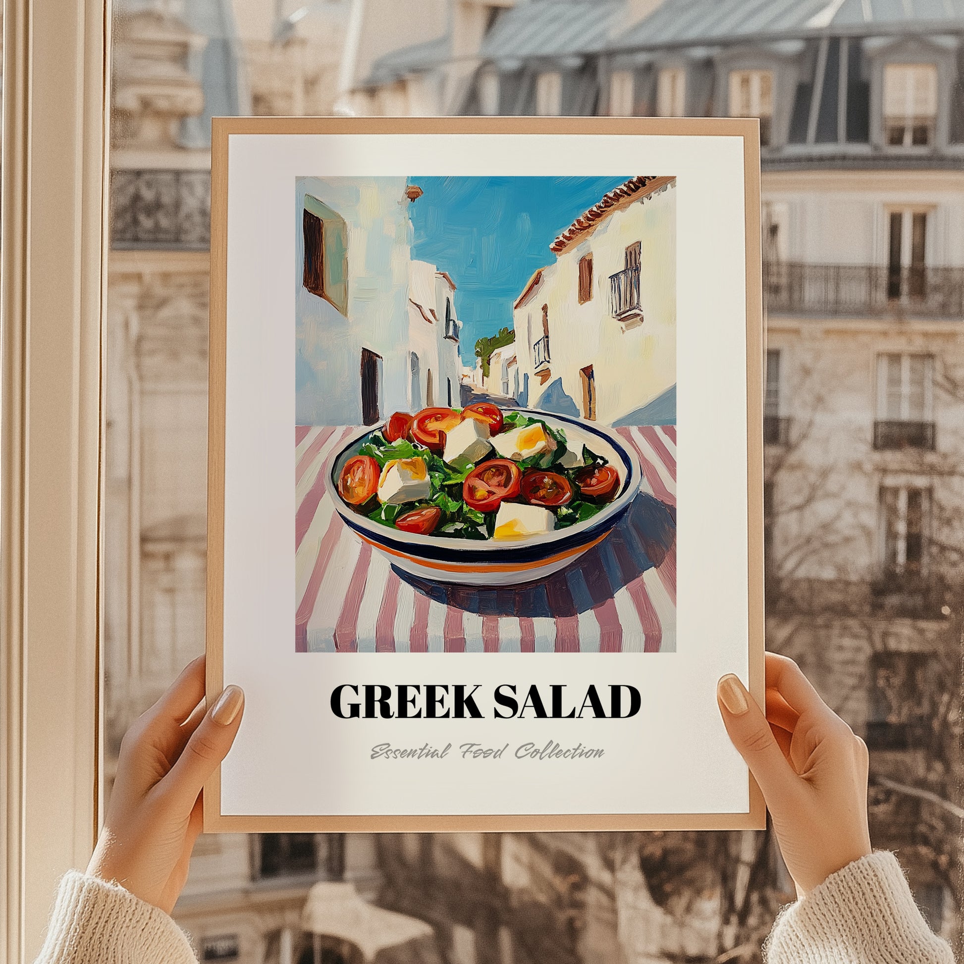 Greek Salad – White village Urban Café Scene, Greek Food Illustration, styled in a charming Paris street view
