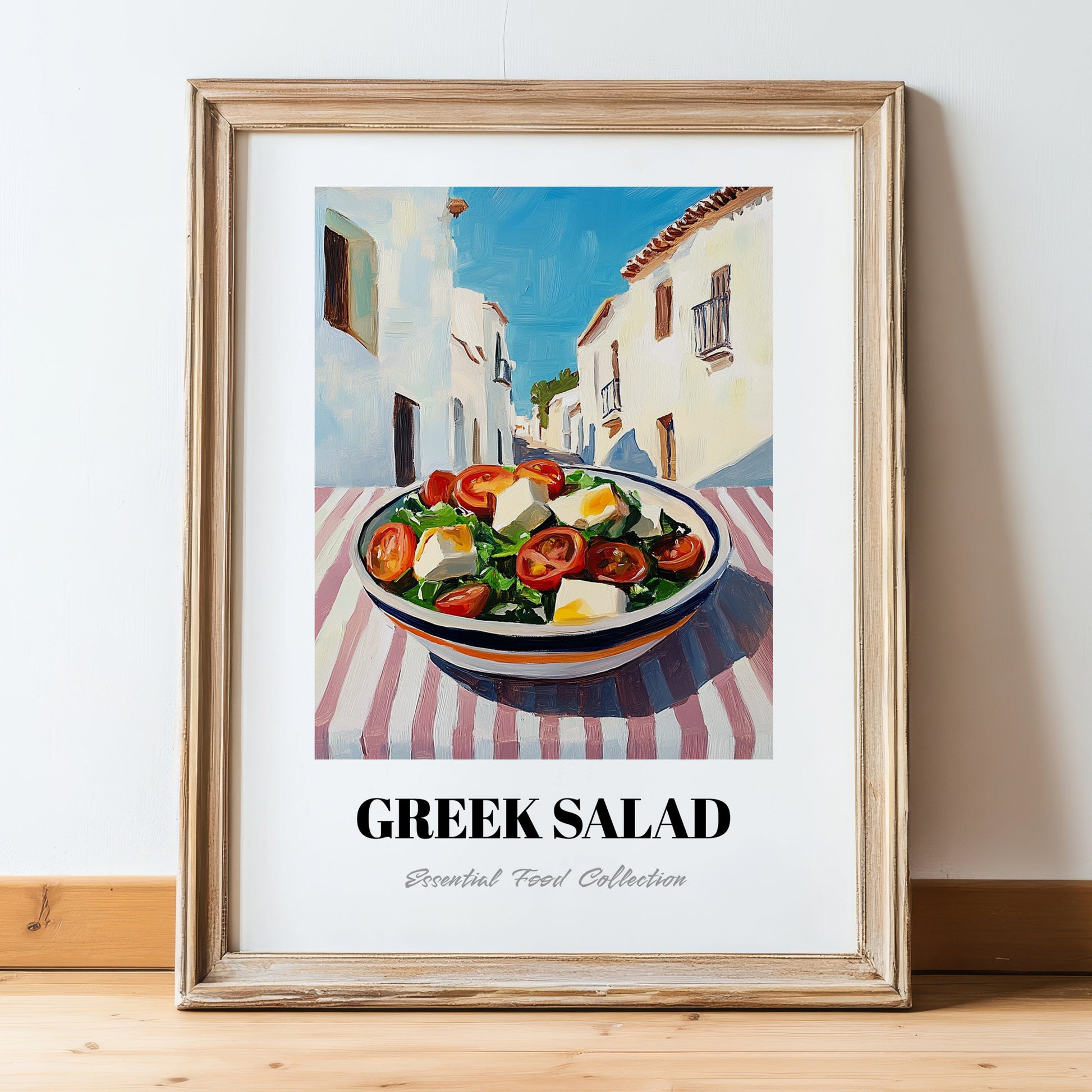 Greek Salad – White village Urban Café Scene, Greek Food Illustration, in wooden frame leaning on the floor