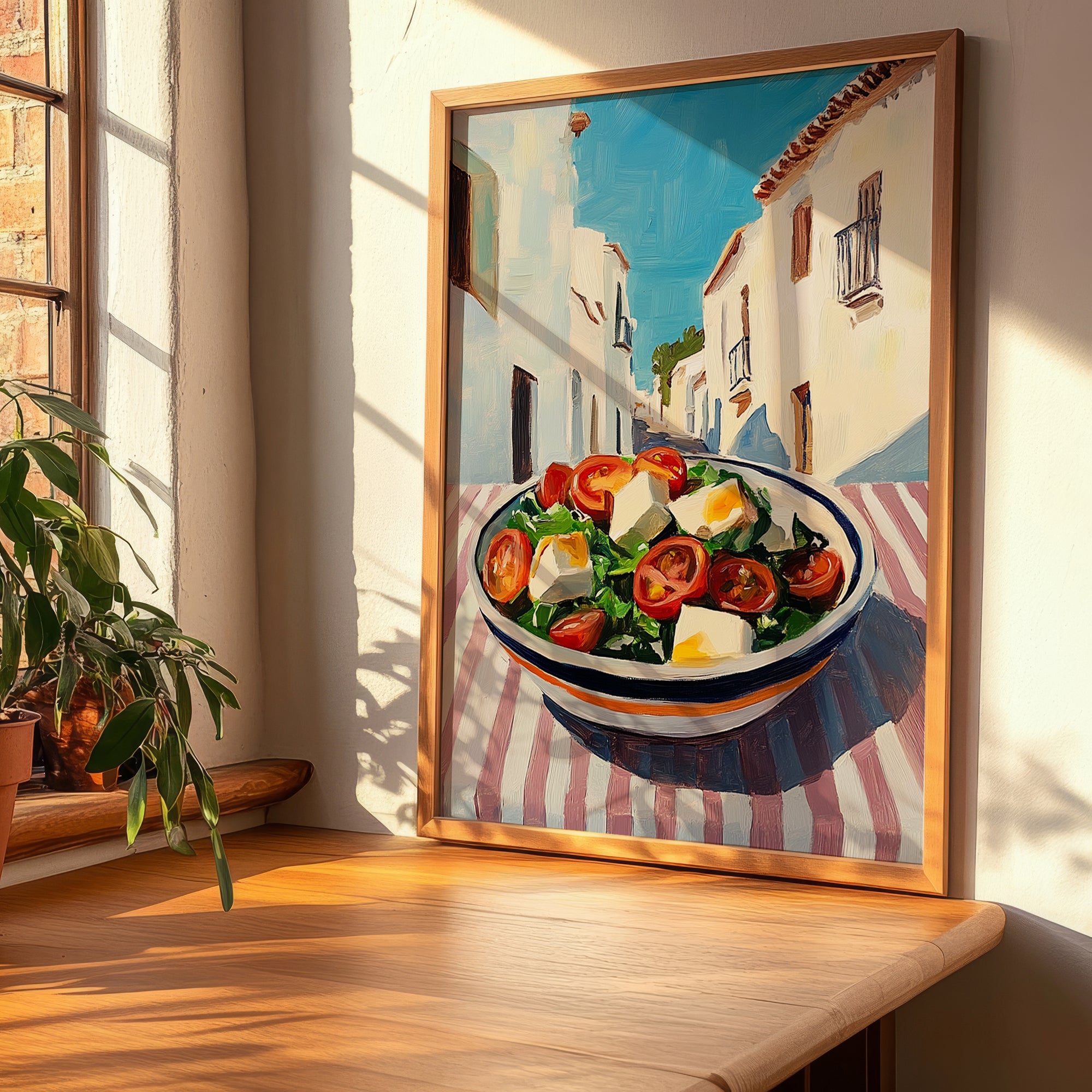 Greek Salad – White village Urban Café Scene, Greek Food Illustration, clean layout with no caption