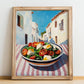 Greek Salad – White village Urban Café Scene, Greek Food Illustration, no-text version framed in wood