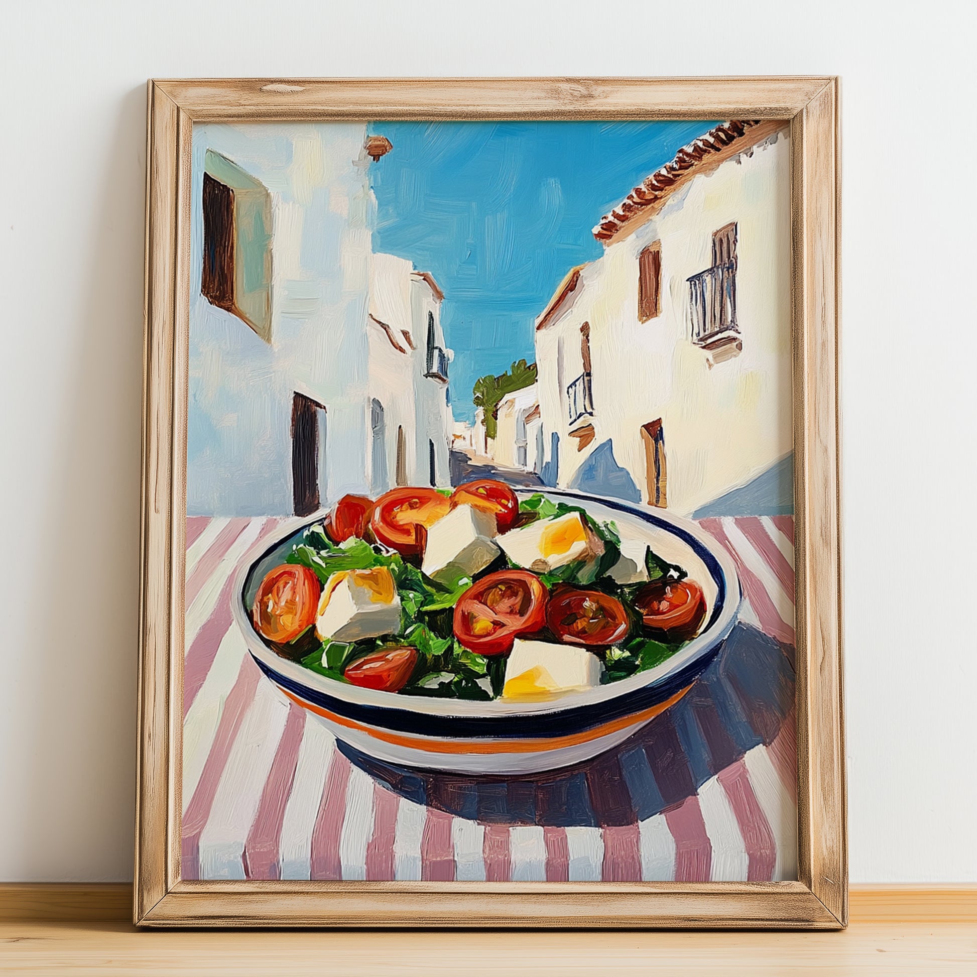 Greek Salad – White village Urban Café Scene, Greek Food Illustration, no-text version framed in wood