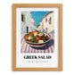 Greek Salad – White village Urban Café Scene, Greek Food Illustration, set in oak frame