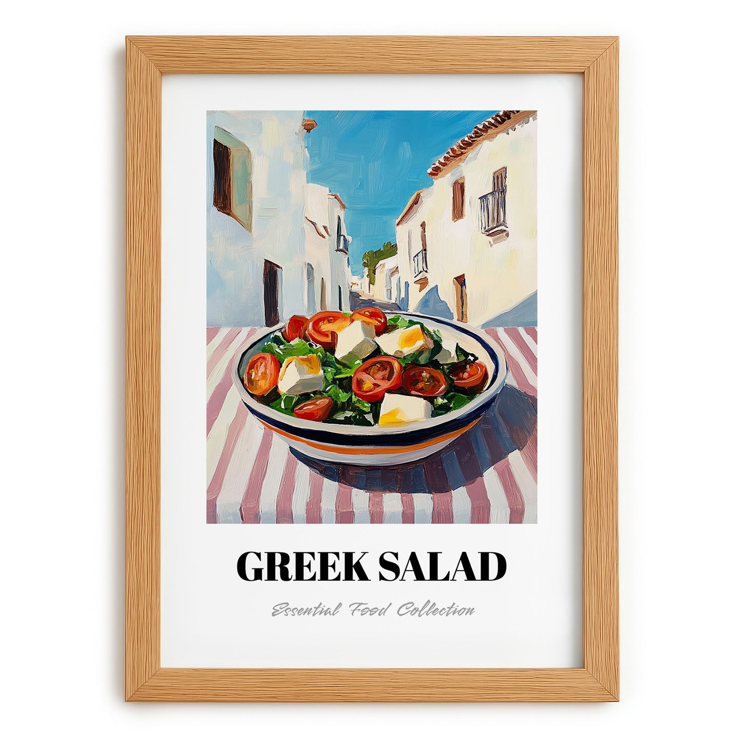 Greek Salad – White village Urban Café Scene, Greek Food Illustration, set in oak frame