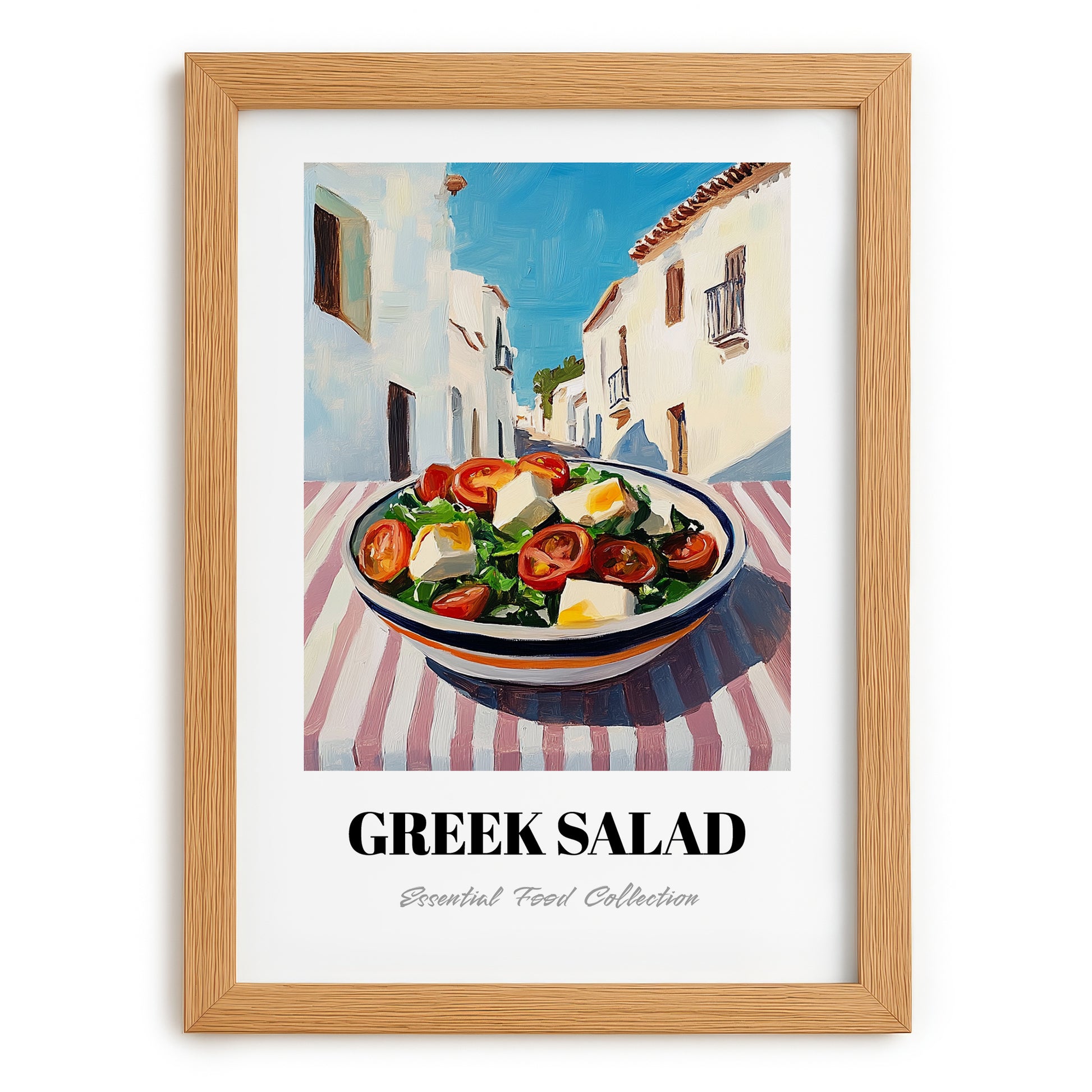 Greek Salad – White village Urban Café Scene, Greek Food Illustration, set in oak frame