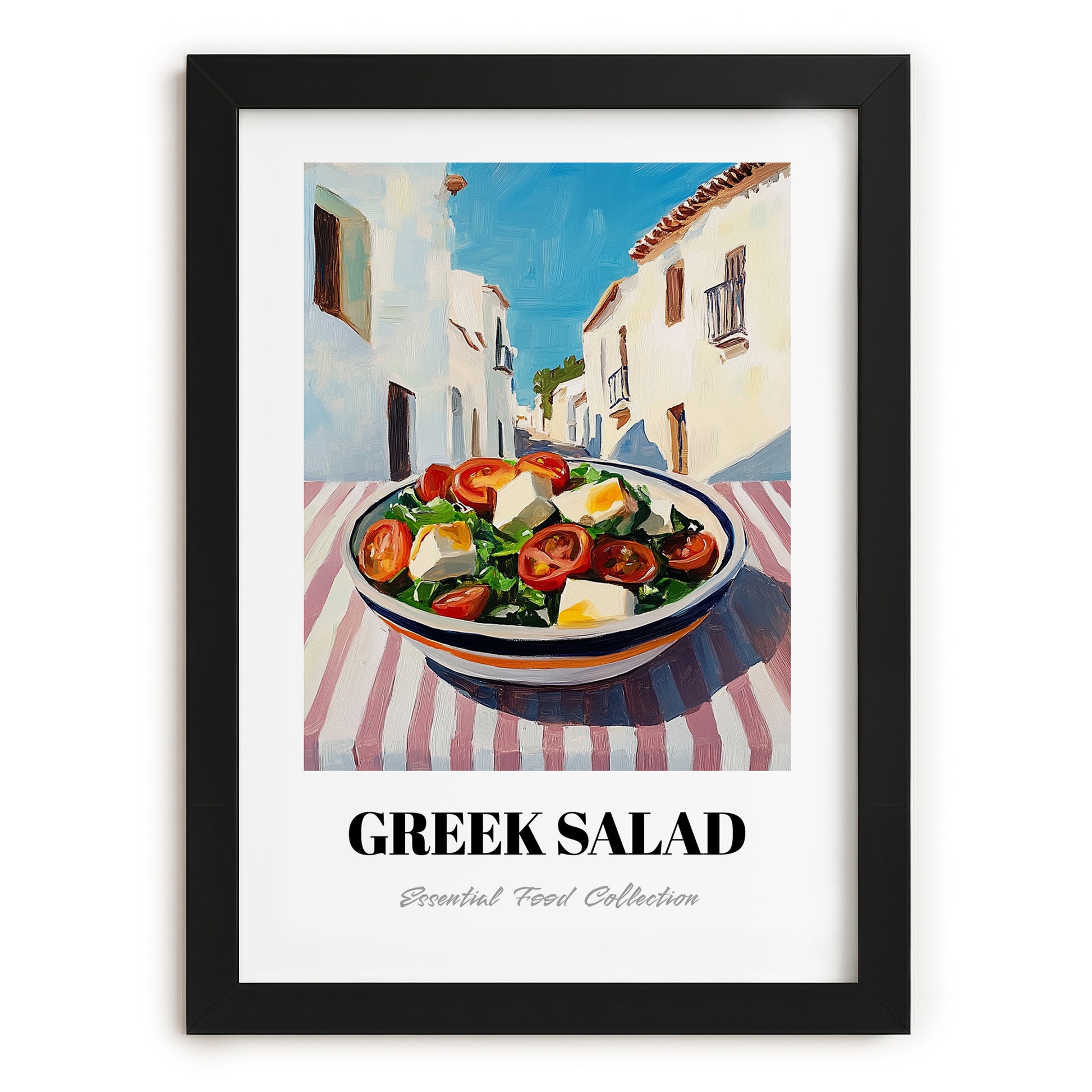 Greek Salad – White village Urban Café Scene, Greek Food Illustration, in sleek black frame