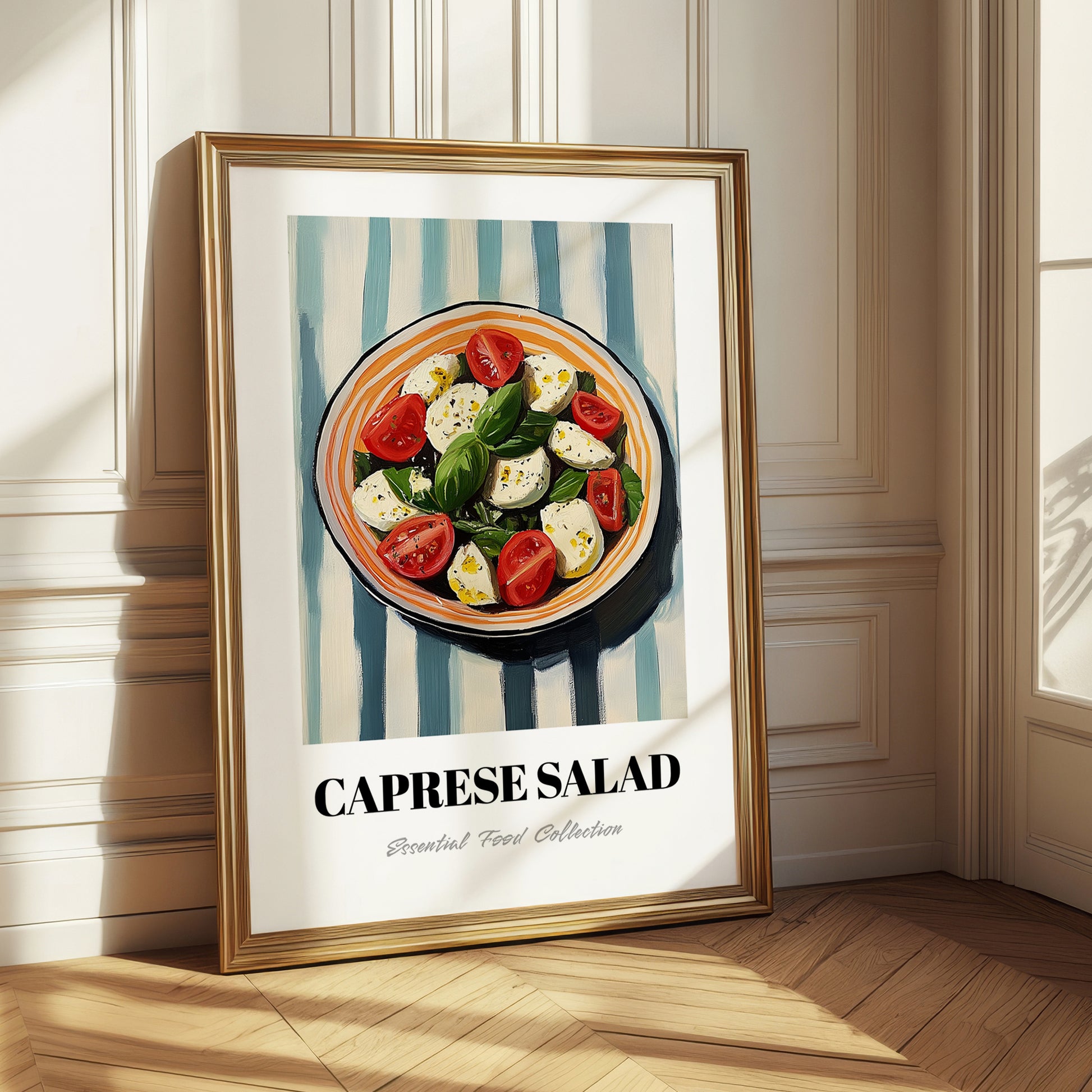 Caprese Salad – on Striped Tablecloth, Italian Food Print