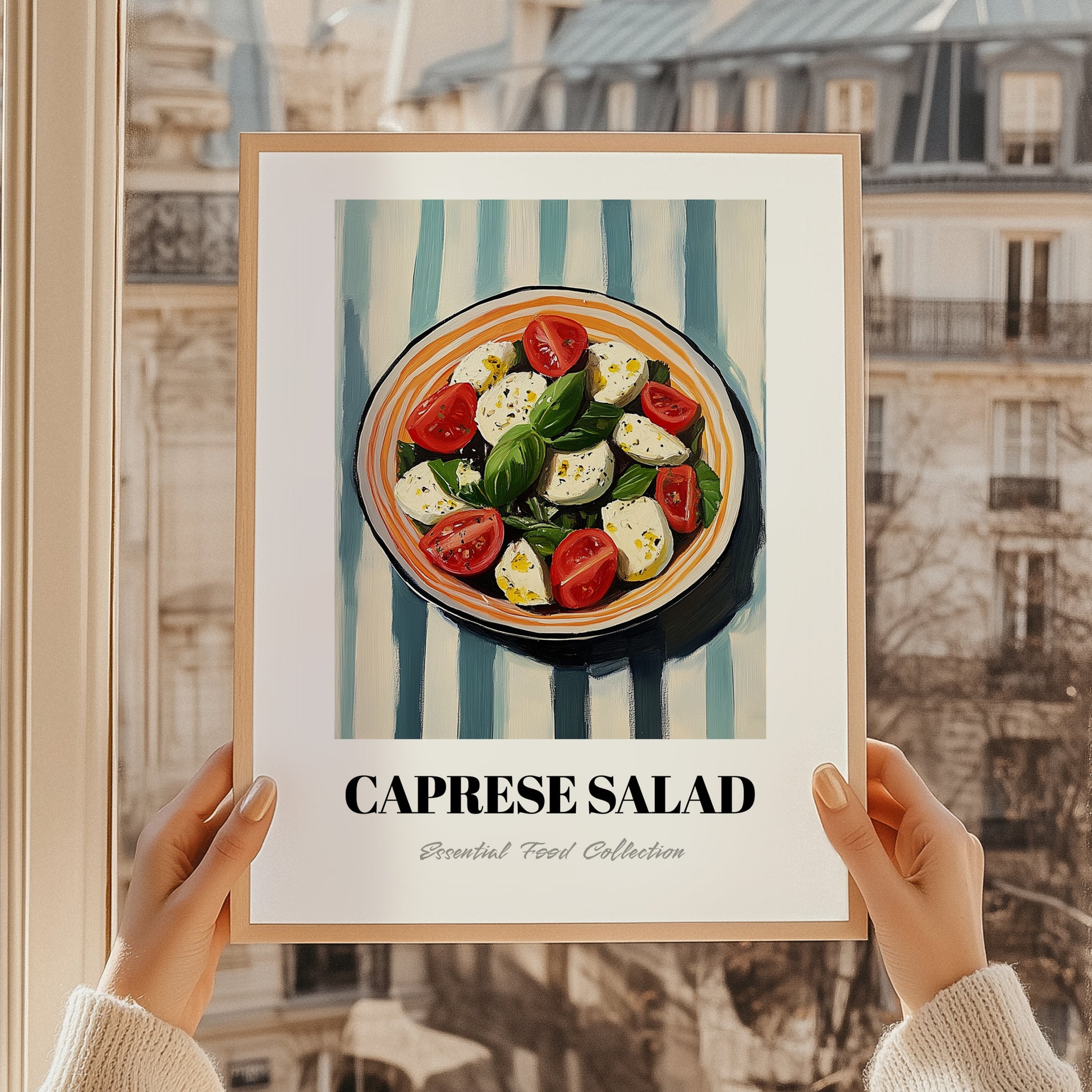 Caprese Salad – on Striped Tablecloth, Italian Food Print, styled in a charming Paris street view