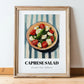 Caprese Salad – on Striped Tablecloth, Italian Food Print, in wooden frame leaning on the floor