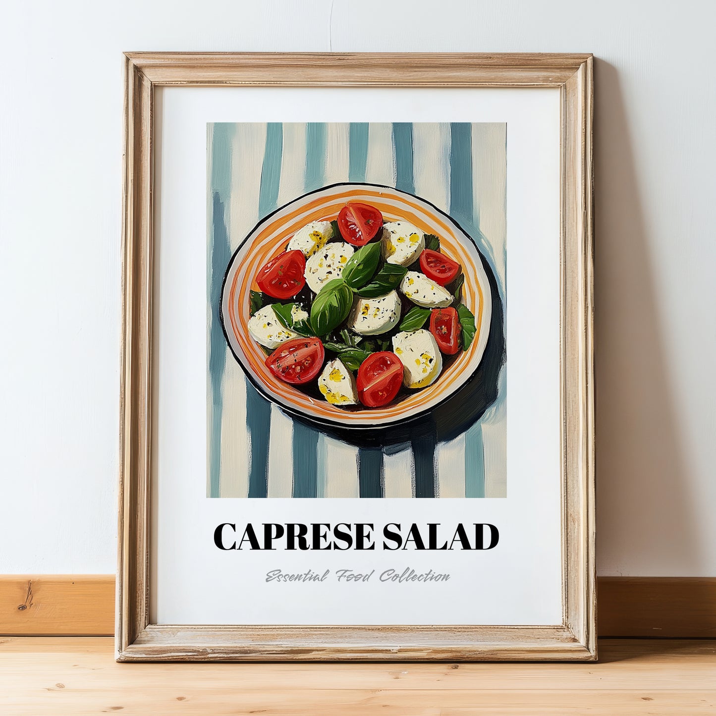 Caprese Salad – on Striped Tablecloth, Italian Food Print, in wooden frame leaning on the floor
